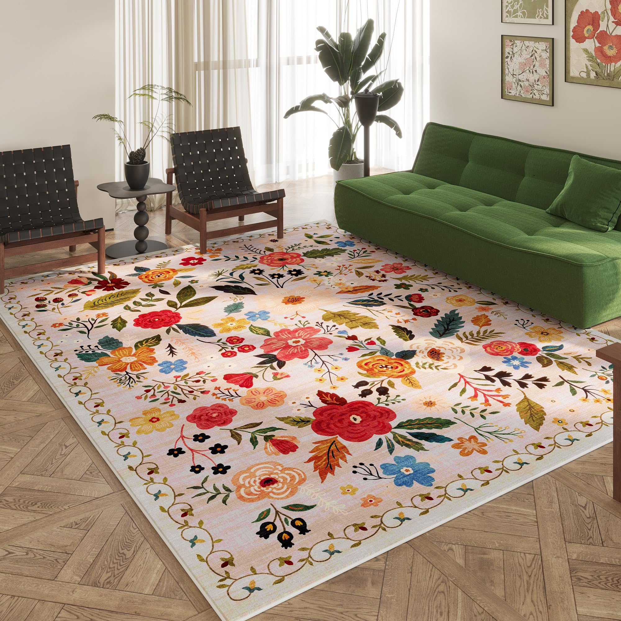 8x10 Washable Non-Slip Boho Floral Vintage Low Pile Area Rug - Soft Living Room Rug for Bedroom, Farmhouse, Dining Room & Kids Playroom - Easy to Clean & Durable (Beige) | Perfect for Home Decor, Cozy Spaces & High Traffic Areas