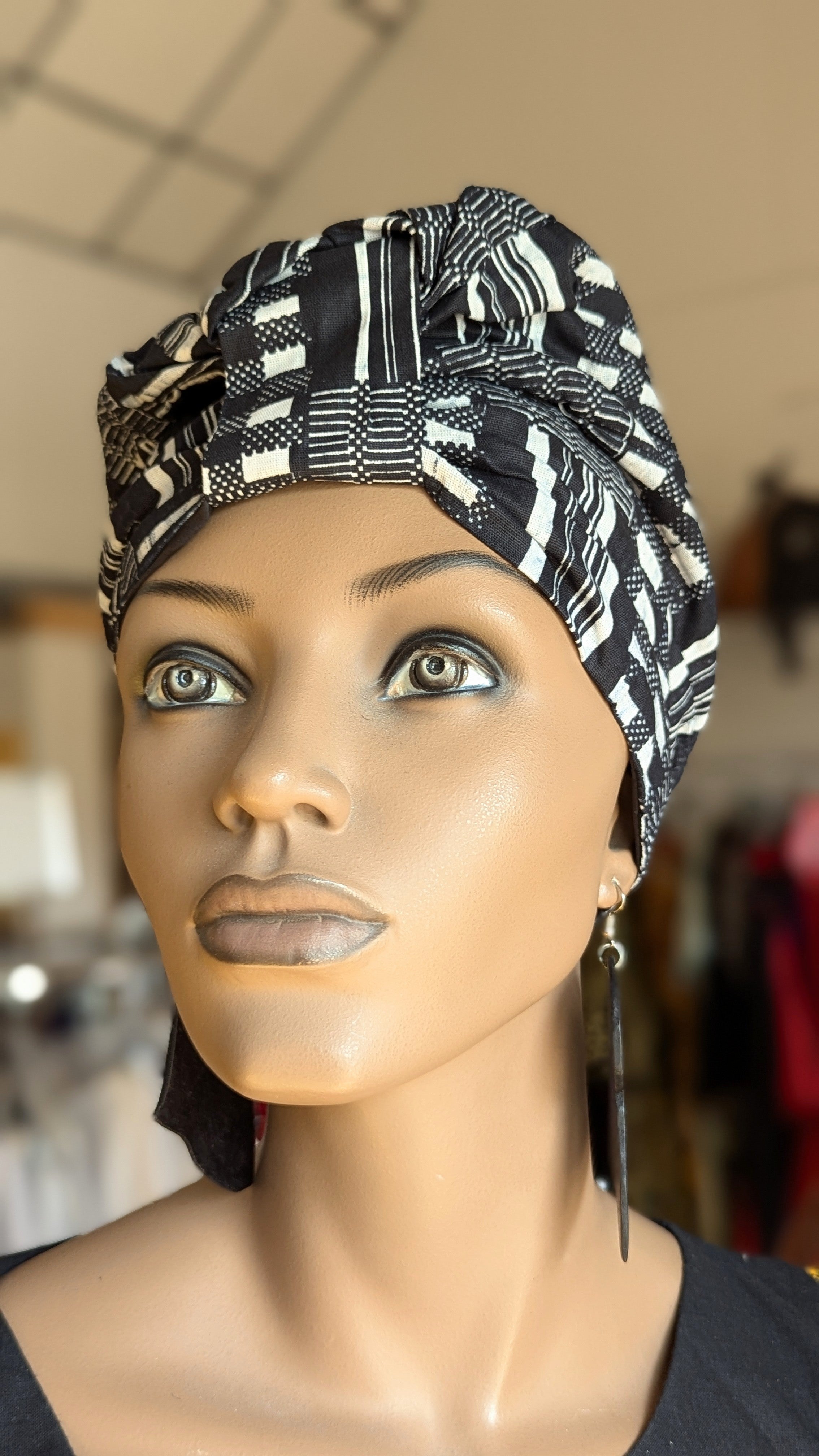 Eshe Black and White Kente African Print Pre-Tied Head Wrap by Dupsie - Stylish Hair Accessory for Women - Perfect for Church, Weddings & Cultural Events (DPB0795PT6)