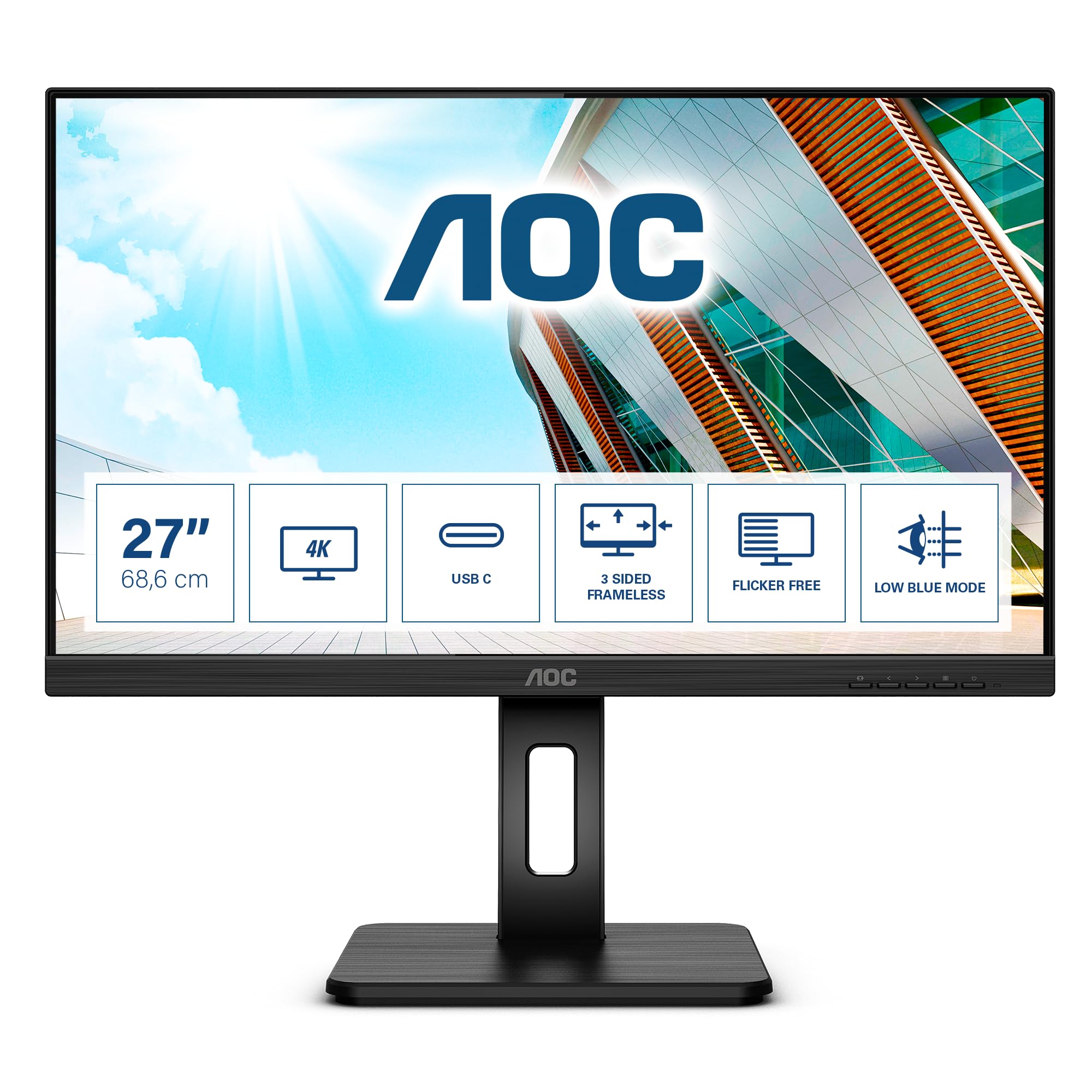 AOC U27P2CA 27-Inch UHD USB-C Docking Monitor with Height Adjustment (3840x2160, 60Hz, HDMI, DisplayPort, USB Hub) - Perfect for Home Office, Gaming, and Professional Workstations