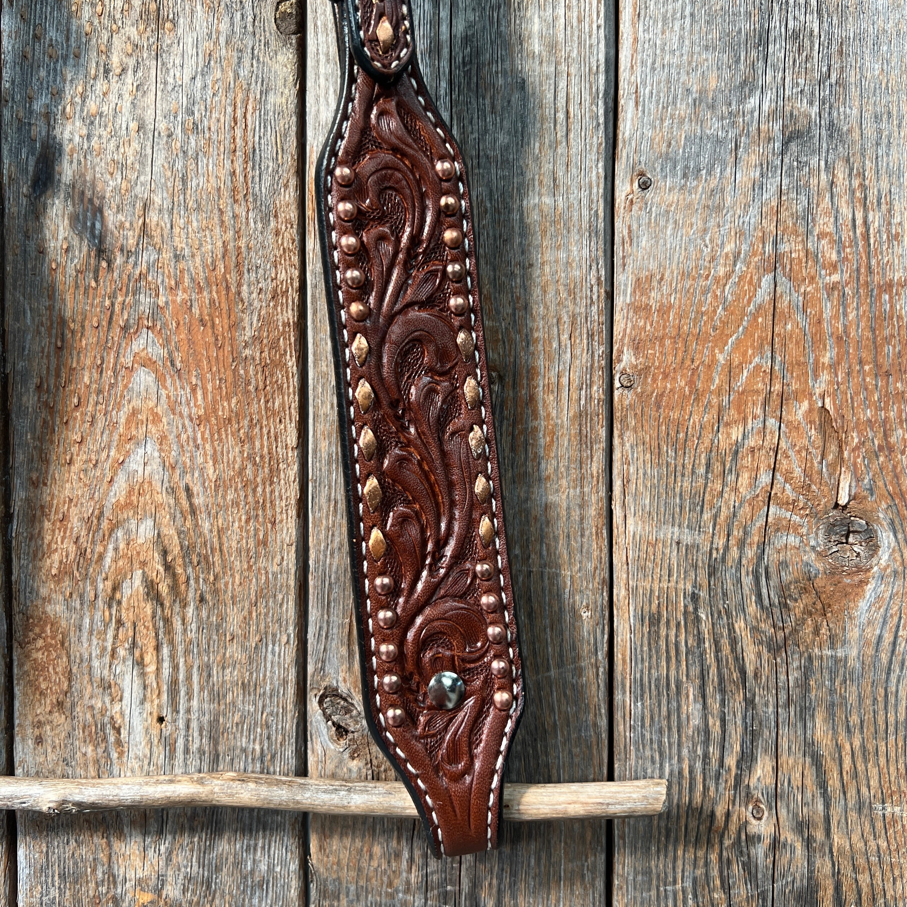 Medium Oil Floral Tooled Copper Buckstitching & Dots One Ear Headstall Bridle – Handcrafted Leather Horse Bridle for Western Riding, Ranch Work & Show Events