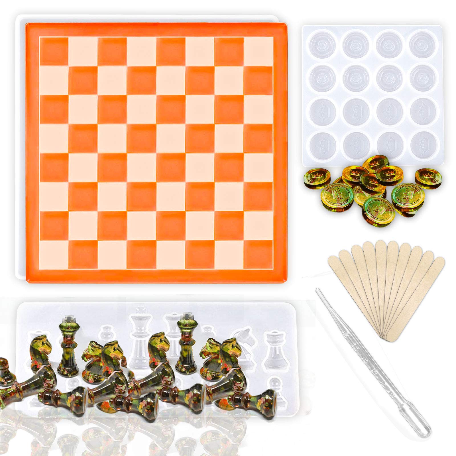 DoreenBow 3-Piece Chess Board Silicone Mold Set - 3D Chess Epoxy Resin Casting Molds for DIY Board Games, Includes Stir Bar, Pointed Sticks & Dropper - Perfect for Crafting Unique Chess Sets, Resin Art Projects & Homemade Gifts