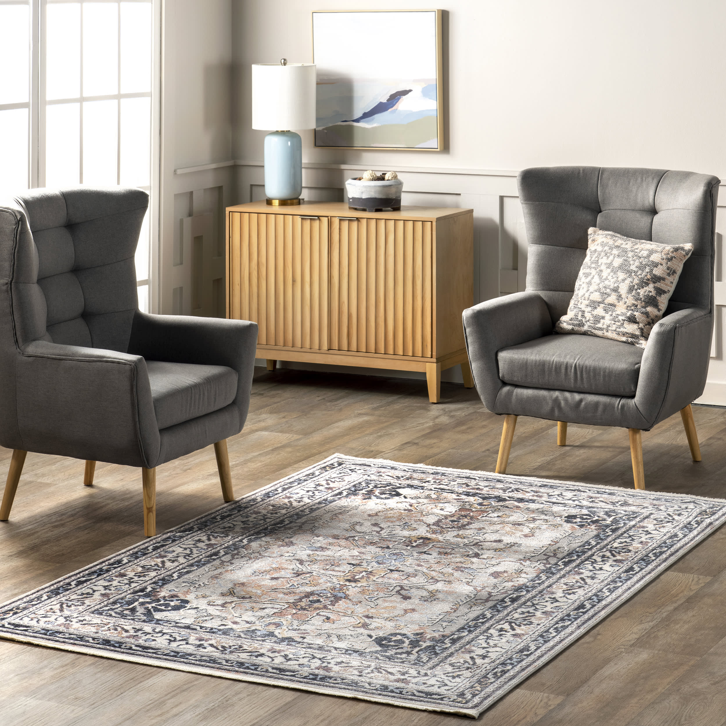 Chaya Persian Medallion Rug - Handmade Grey Oriental Area Carpet for Living Room, Bedroom & Dining Room Decor