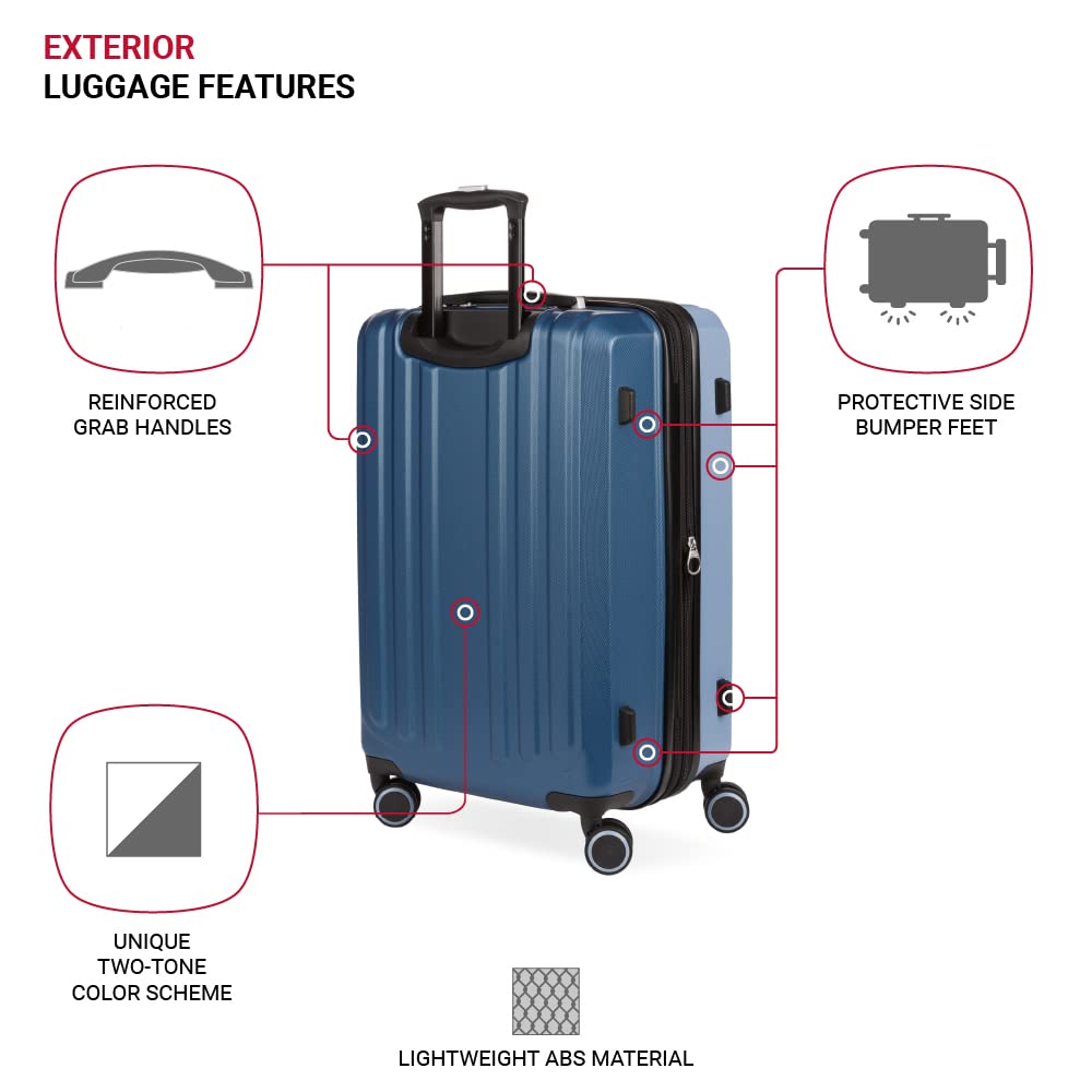 SwissGear Duet Expandable Hardside Spinner Luggage 24-Inch - Light Blue/Navy Checked Medium Suitcase for Travel, Business Trips & Vacation Packing