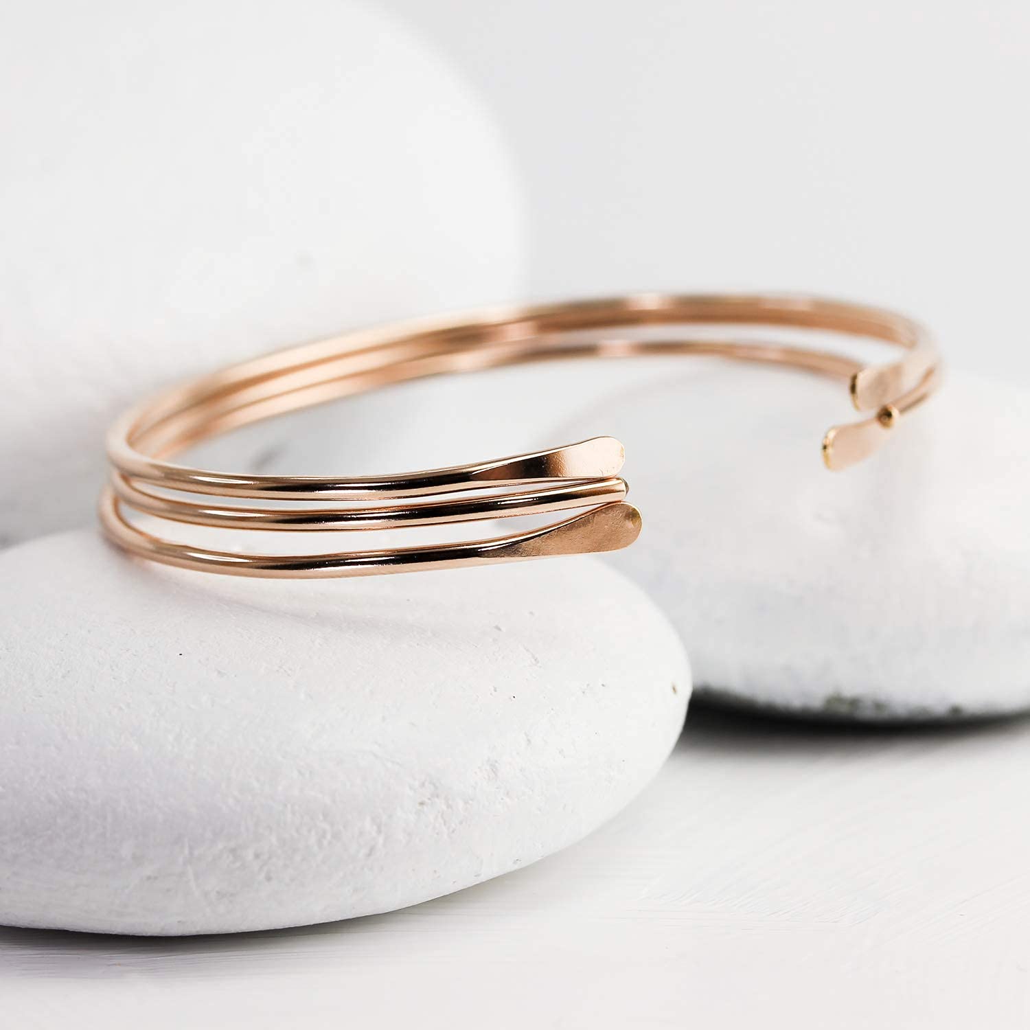 14K Rose Gold Filled Hammered Cuff Bracelet - Skinny Bangle for Women - Lotus Stone Jewelry - Medium Size - Perfect for Everyday Wear, Office & Special Occasions