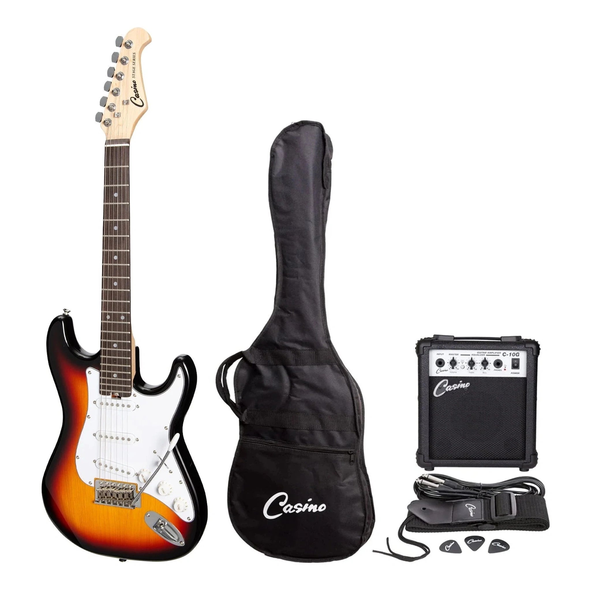 Casino ST Style Short Scale 3/4 Electric Guitar Pack with Sunburst Finish - Perfect for Beginners, Travel & Small Spaces