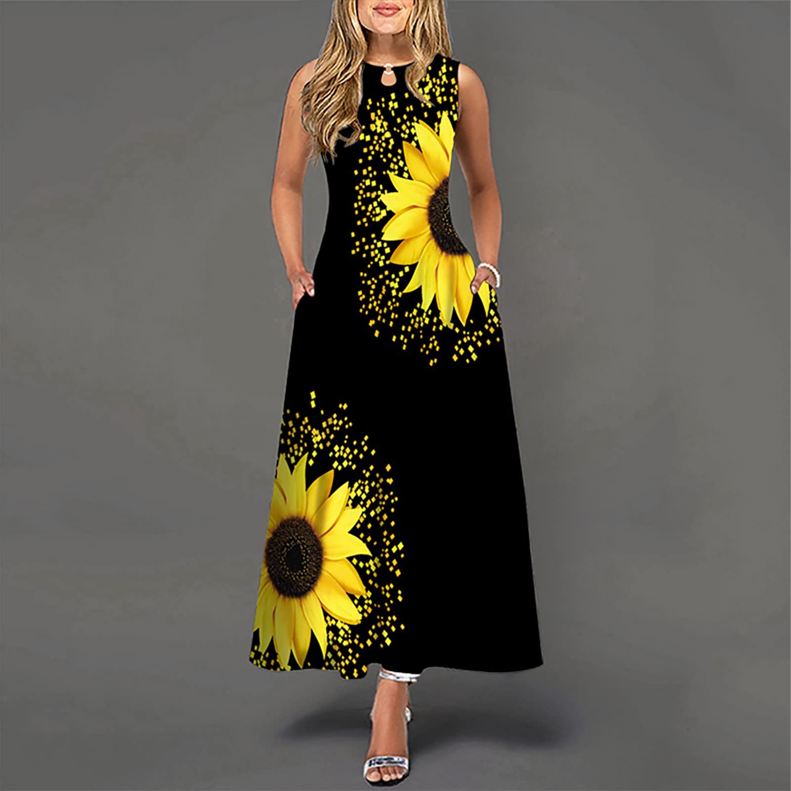 Floral Print Women's Casual Dress - Long Sleeveless Round Neck Maxi Dress with Flowy Hem | Perfect for Summer Outings, Beach Vacations, and Special Occasions