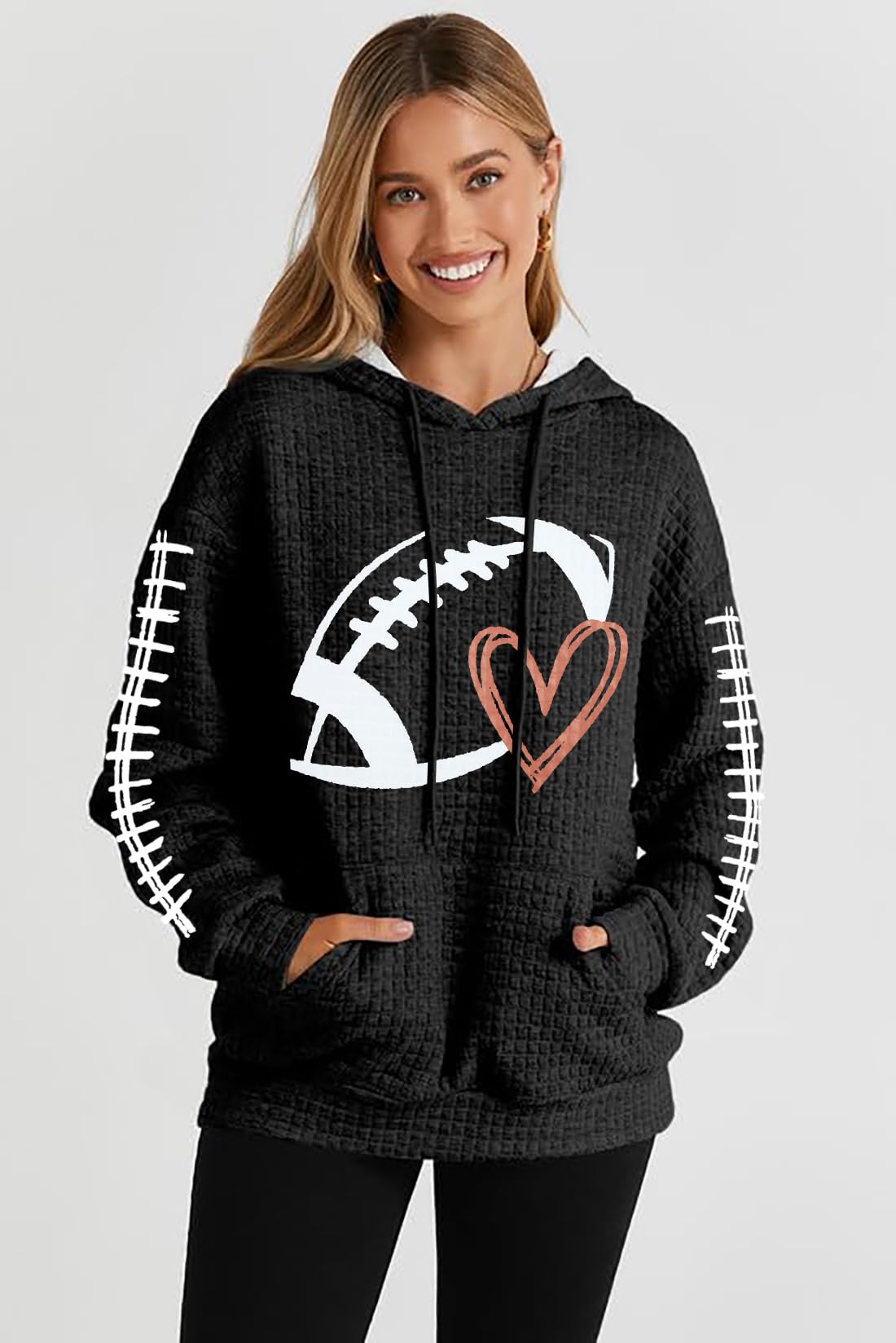 VILOVE Women's Funny Football Graphic Hooded Sweatshirt - Waffle Knit Game Day Pullover Long Sleeve Hoodie - Perfect for Football Games, Tailgating & Casual Wear