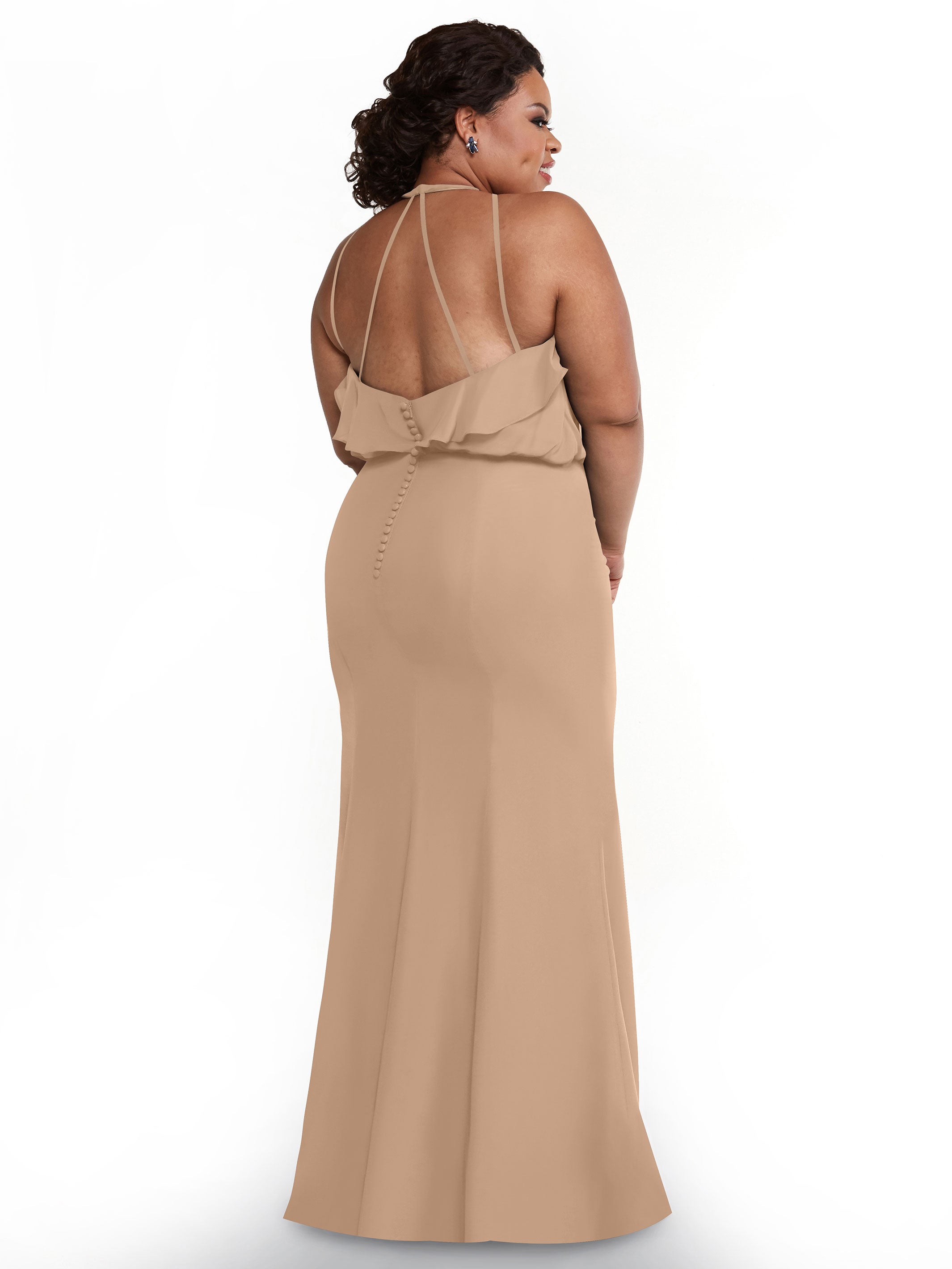 Elegant 80147 Fit and Flare Chiffon Bridesmaid Dress with Ruffled Neckline & Thigh Slit - Perfect for Weddings, Proms, and Formal Events
