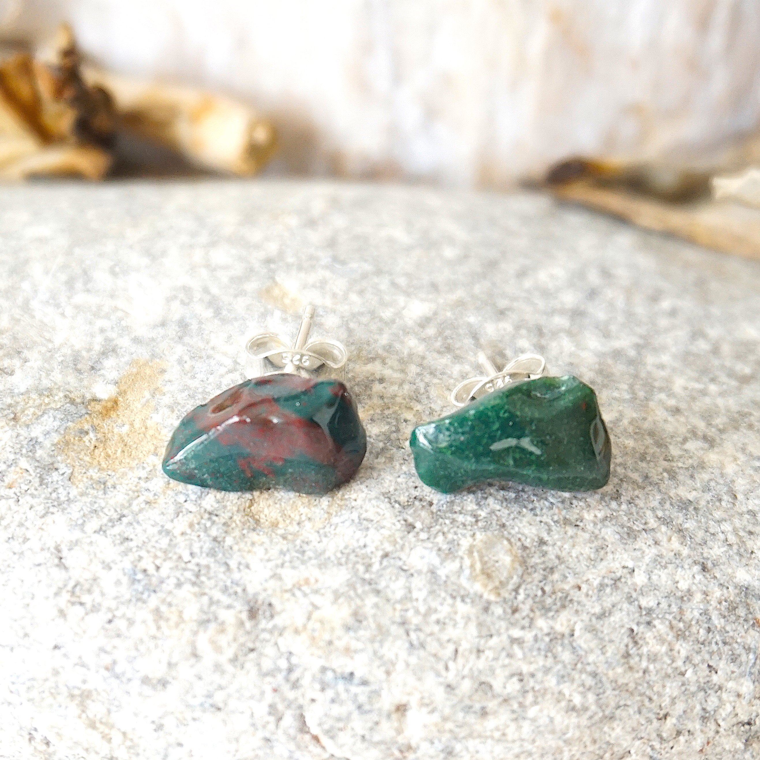 Natural Bloodstone Stud Earrings for Women - Hypoallergenic Post Earrings for Everyday Wear, Healing Crystal Jewelry for Positive Energy & Protection