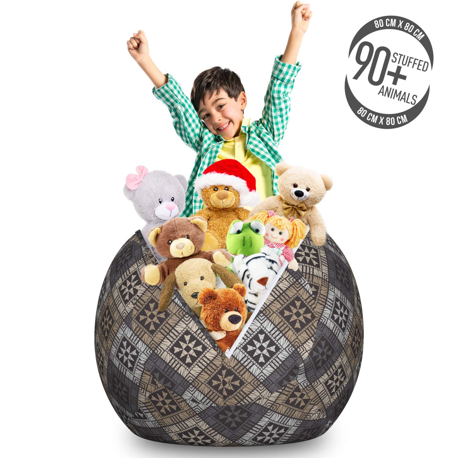 Ambesonne Large Washable Toy Storage Bag Chair - Abstract Ethnic Design, Durable Stuffed Animal Organizer in Gray | Perfect for Kids' Room, Nursery, Playroom & Home Organization