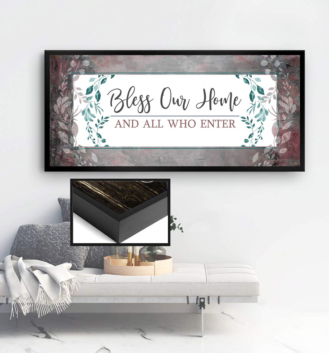 Bless Our Home Sign - Large Canvas Wall Art with Floating Frame for Front Door & Entryway Decor, Dusty Pink & Black, 42x19 Inch - Perfect Housewarming Gift for Living Room & Home Wall Decor