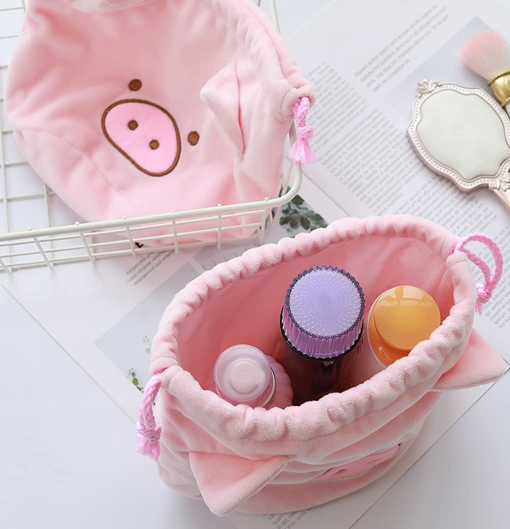 AKOAK 1 Pack Cute Fluffy Piglet Makeup Pouch | Drawstring Cosmetic Bag | Portable Travel Toiletry Organizer for Women | Perfect for Gym, Vacation & Daily Essentials Storage