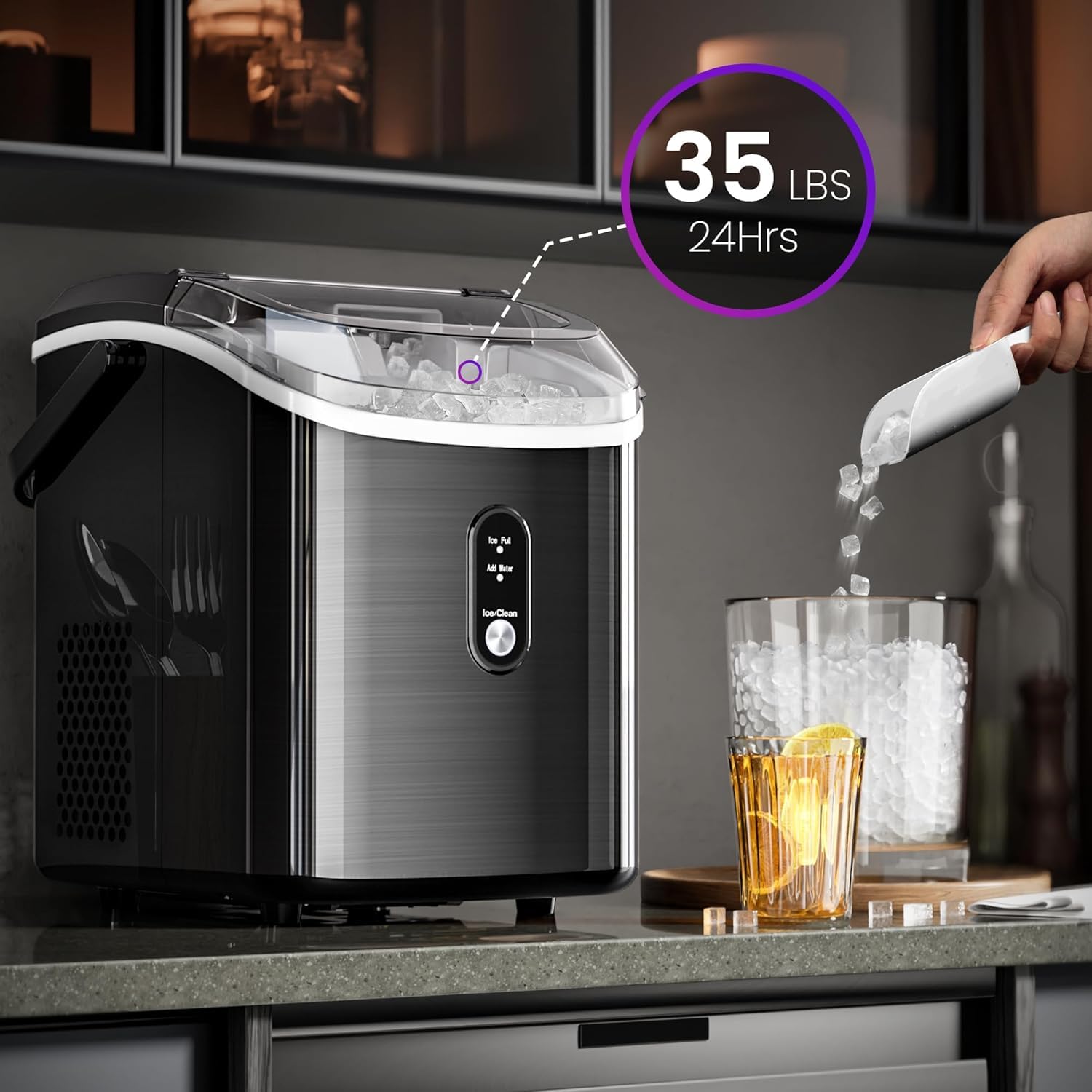 Kismile Countertop Nugget Ice Maker - Portable Sonic Ice Machine with Self-Cleaning & One-Touch Operation for Home, Office, Bar, or Party (Stainless Steel Black) - Perfect for Cocktails, Sodas, and Beverages