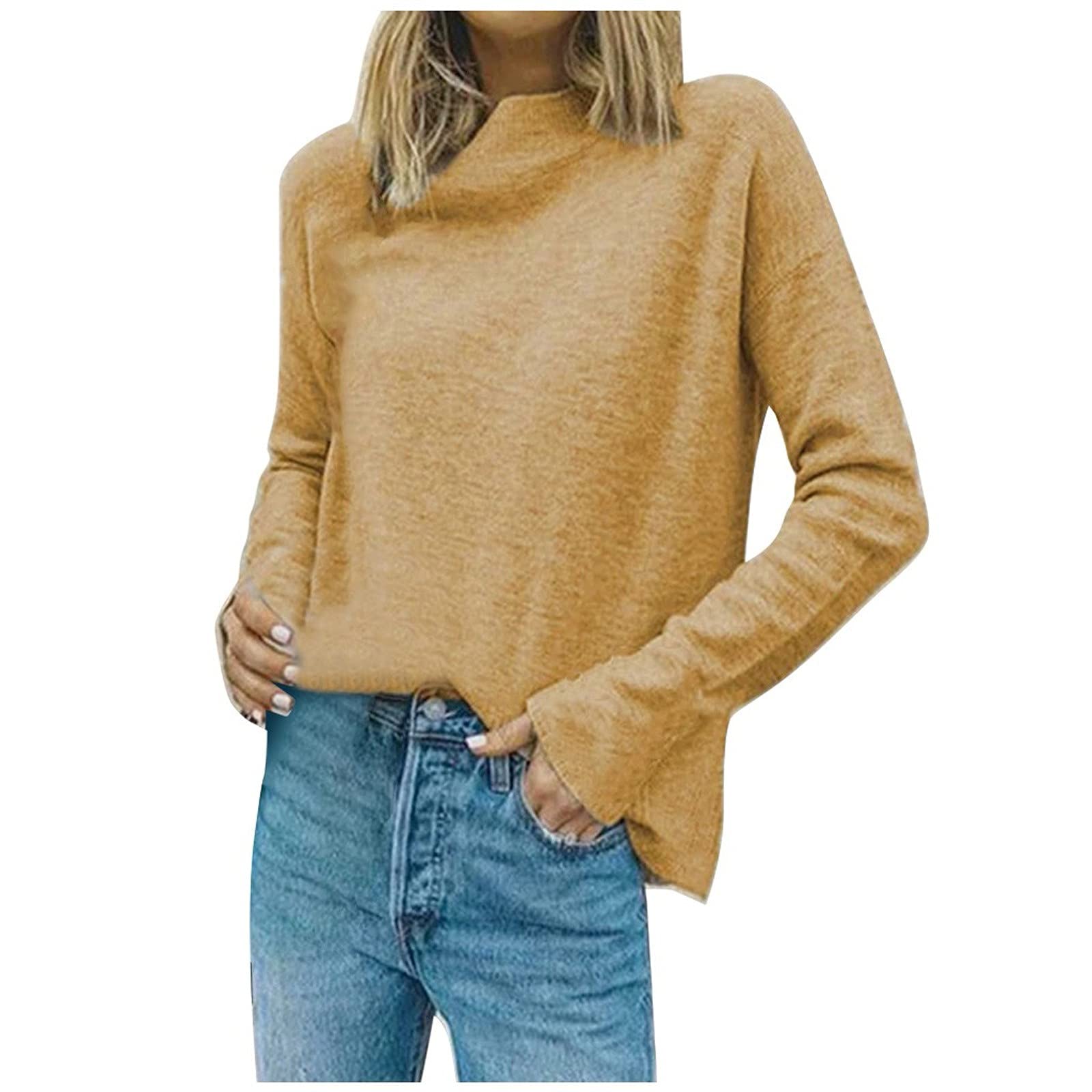 Women's Fashion Long Sleeve High Neck Solid Color Casual Elegant Pullover Tops for Work, Dating & Everyday Wear