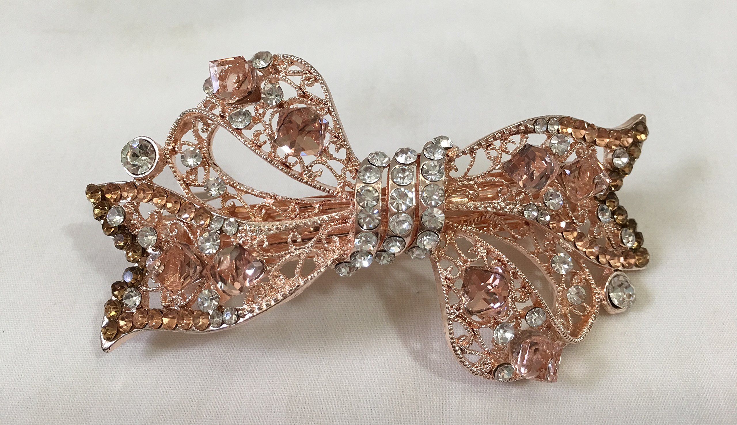 Vintage Crystal Rhinestone Bow Hair Barrette Clips - Large Pink Hair Accessories for Women, Bridal, Prom & Party Hairstyles