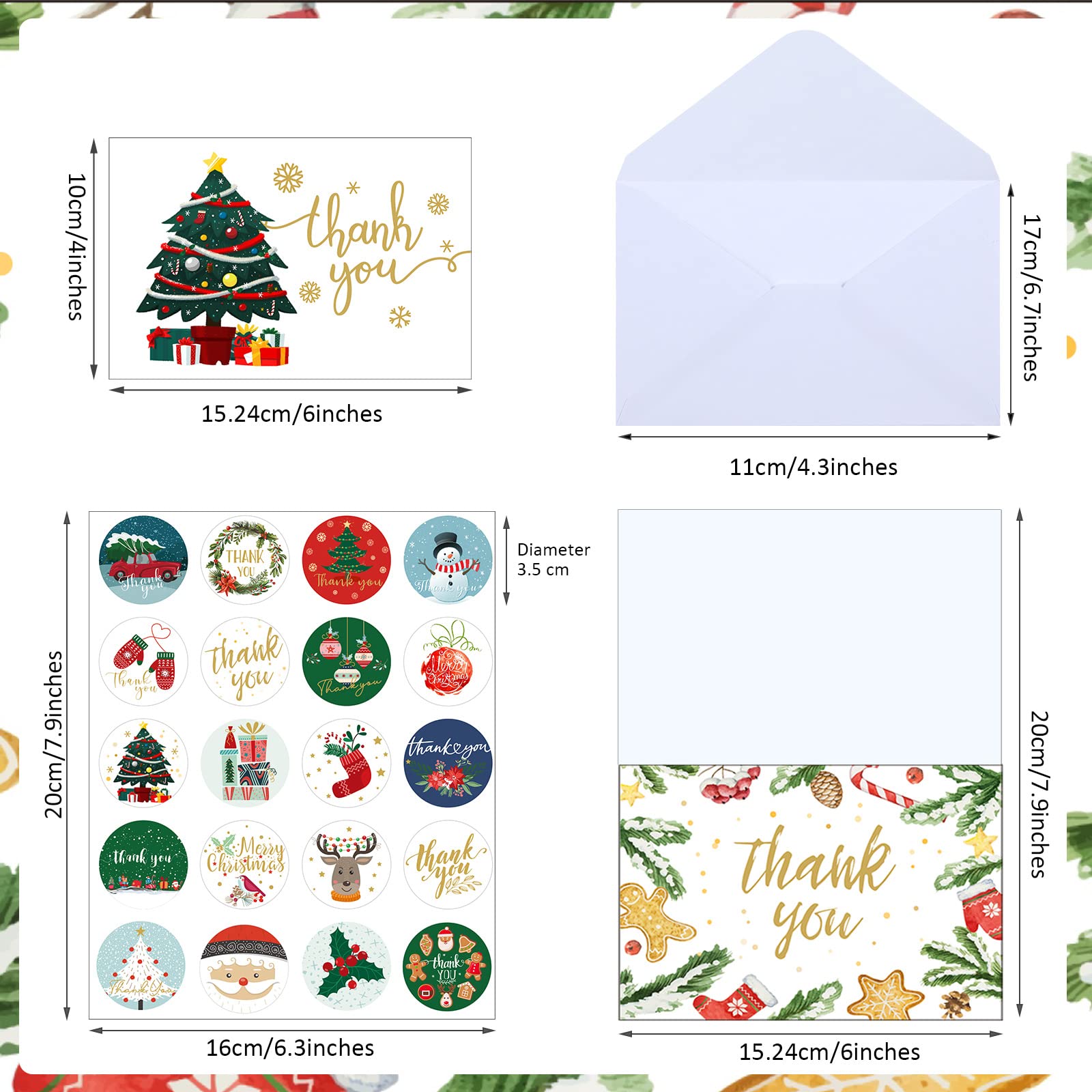 24-Piece Christmas Thank You Cards Set with Envelopes & Stickers - 6 Festive Designs Including Christmas Tree & Gingerbread - Holiday Greeting Cards for Gifts, Parties & Office Exchanges - Perfect for Xmas Presents, Family & Friends