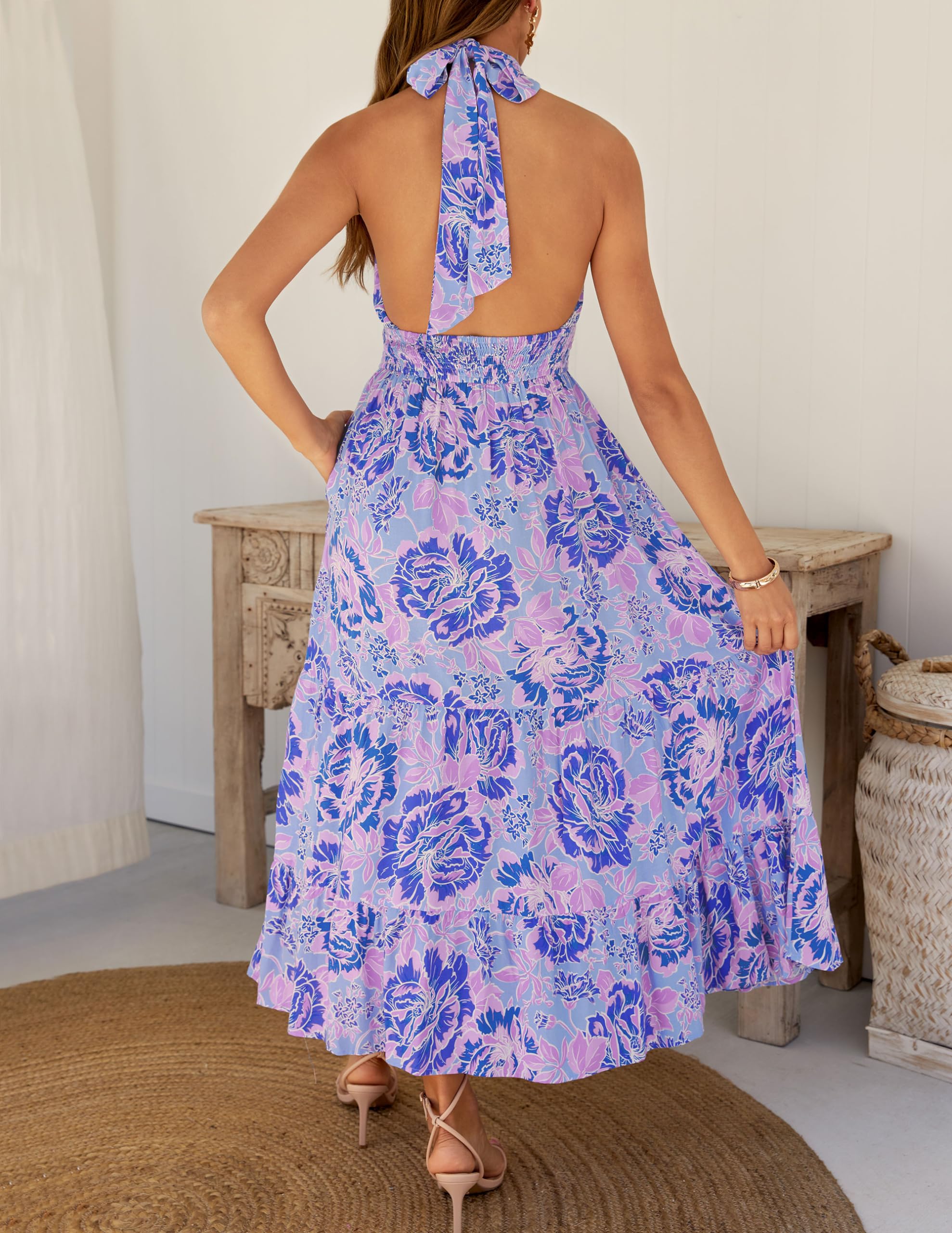 ZESICA Women's 2025 Summer Plaid Halter Neck Sleeveless Backless Maxi Dress - Beach Wedding, Vacation, Party, Date Night Outfit