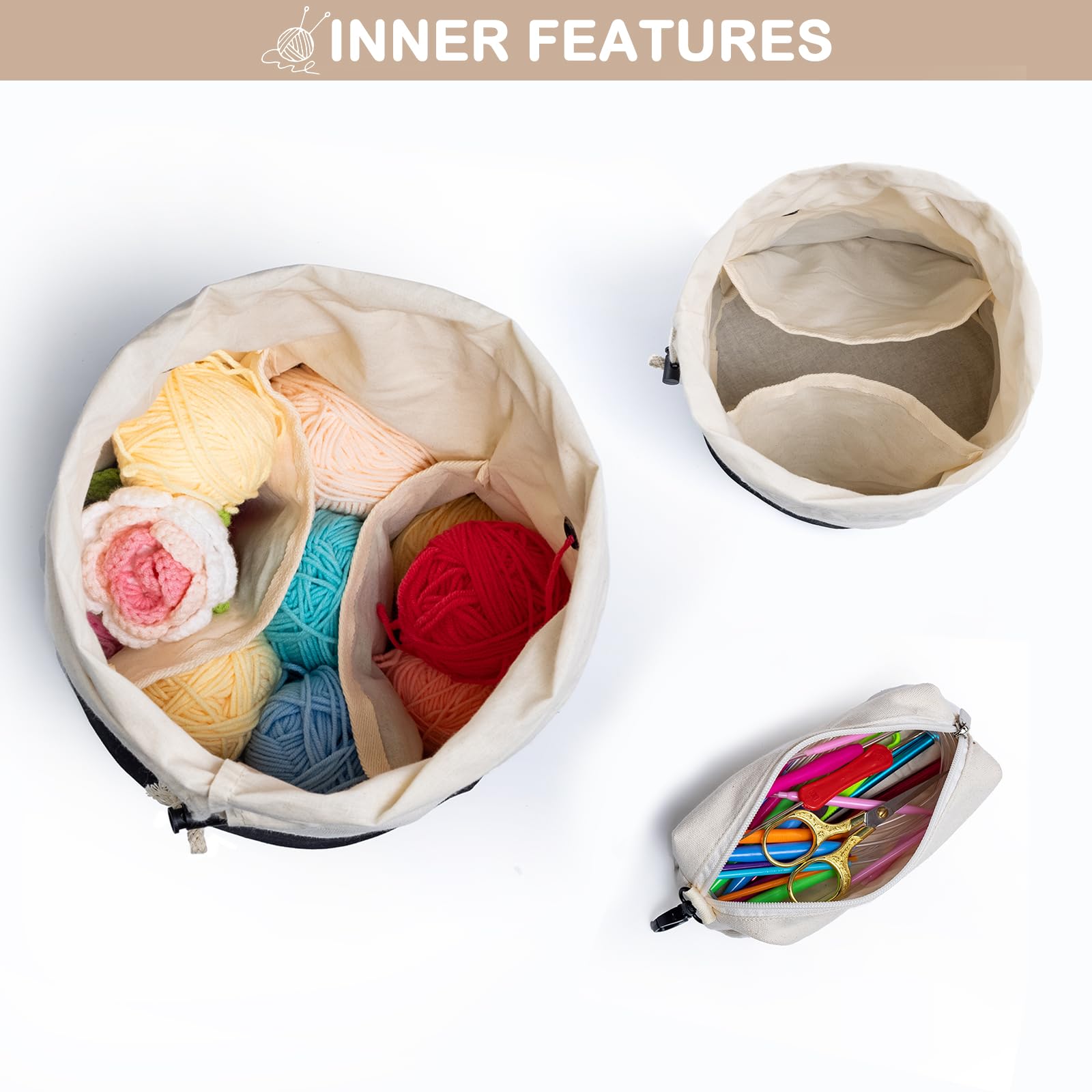 MYBAGZING Small Yarn Storage Bag with Knitting & Crochet Supplies Case - Canvas Crochet Organizer Pouch - Mini Knitting Bag for Yarn Storage - Perfect for Crocheting Beginners & Yarn Holders - Ideal for Crafting, Travel & Home Organization