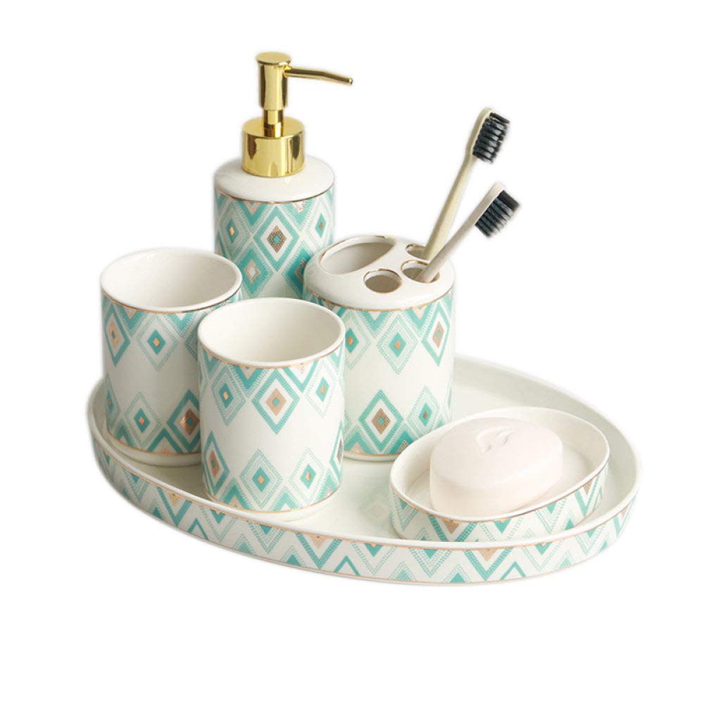 Vintage Ceramic Bathroom Accessories Set - 6 Piece Blue Geometric White Soap Dispenser, Vanity Tray, Toothbrush Holder, Soap Dish & 2 Tumblers | Elegant Home Decor for Bathroom Vanity, Guest Bath, Spa Retreat & Modern Farmhouse Style