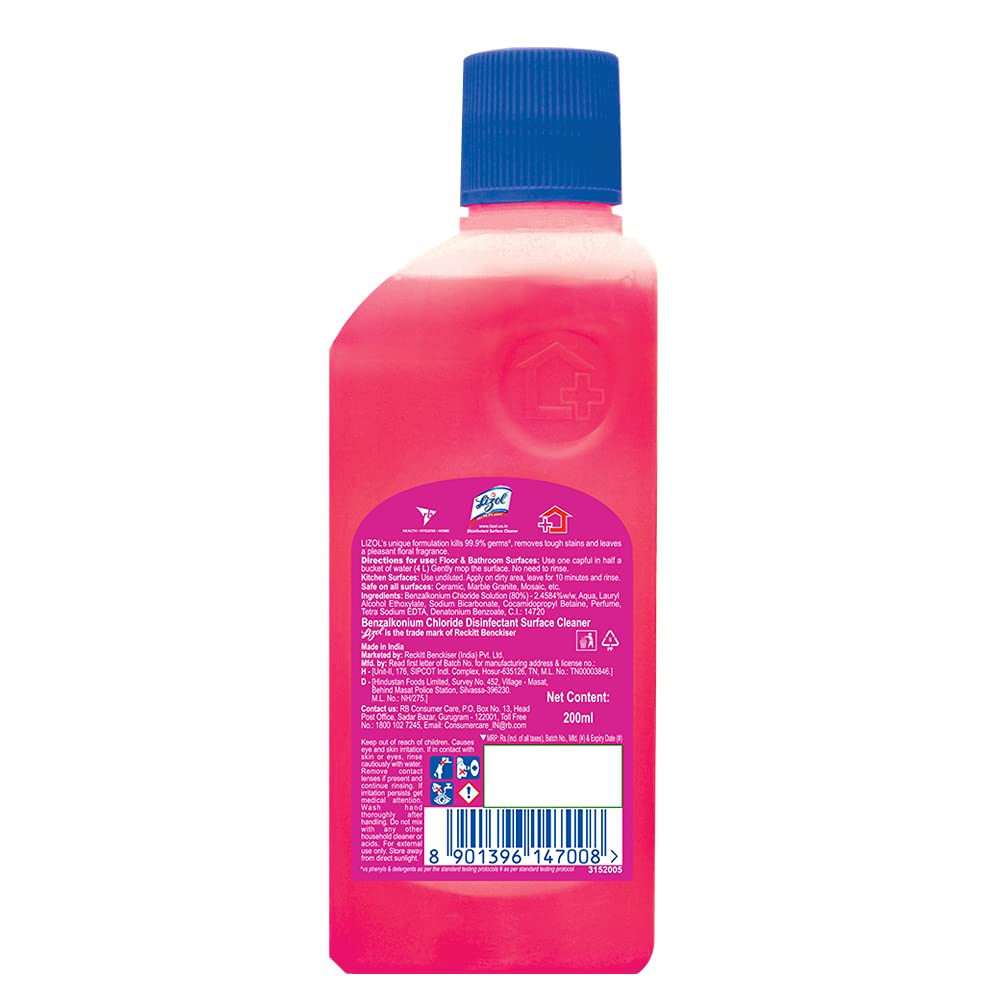 Lizol Disinfectant Surface & Floor Cleaner Liquid - Floral Scent 200ml | Kills 99.9% Germs & Bacteria | Antibacterial Household Cleaner | Best for Kitchen, Bathroom & Hard Floor Cleaning | USA Market