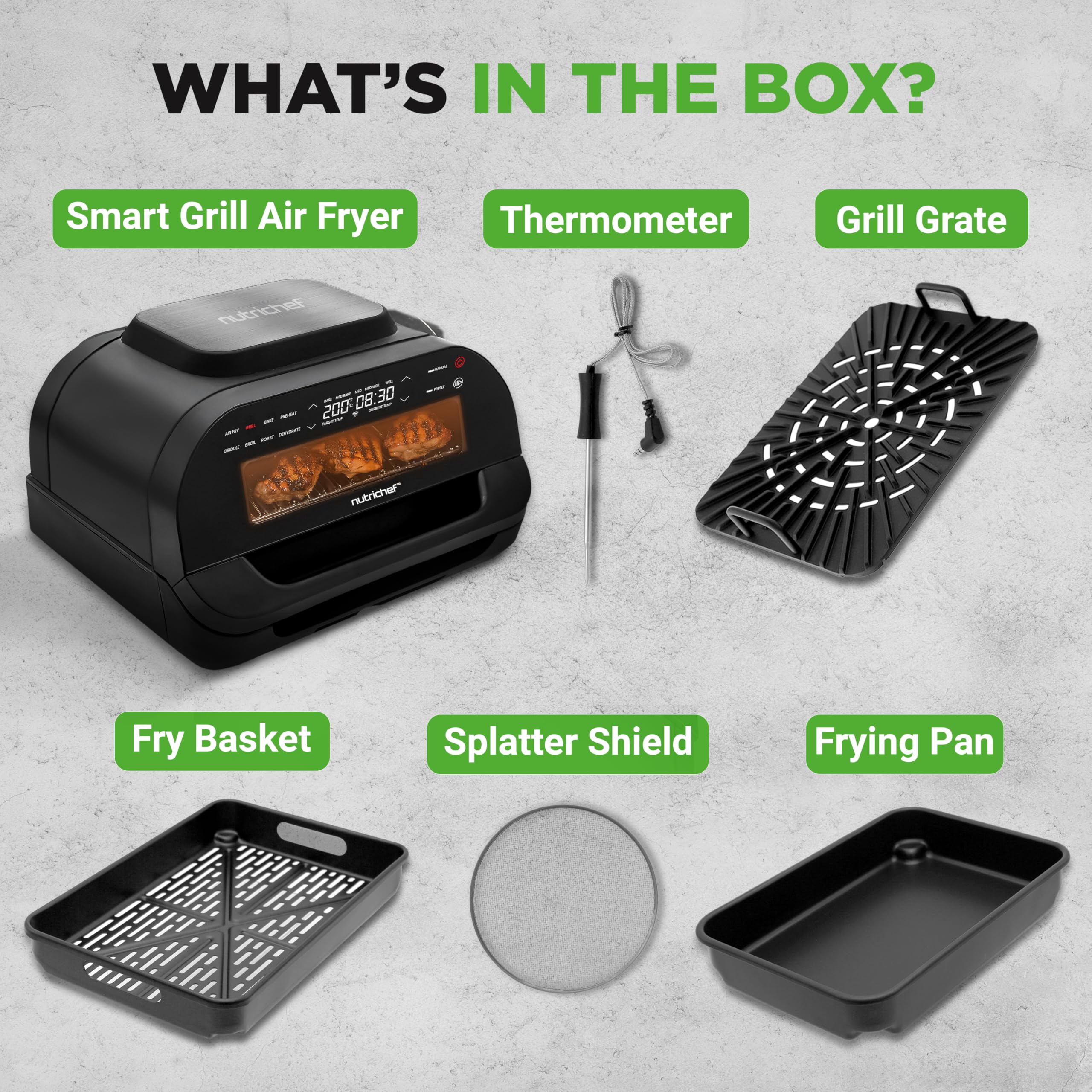 NutriChef Indoor Smokeless Grill & Air Fryer Combo - 7-in-1 Smart Electric Grill with 6L Capacity, Smart Thermometer & Precise Temp Control - Nonstick Removable Plates for Healthy Cooking - Perfect for Apartments, Small Kitchens & Family BBQs