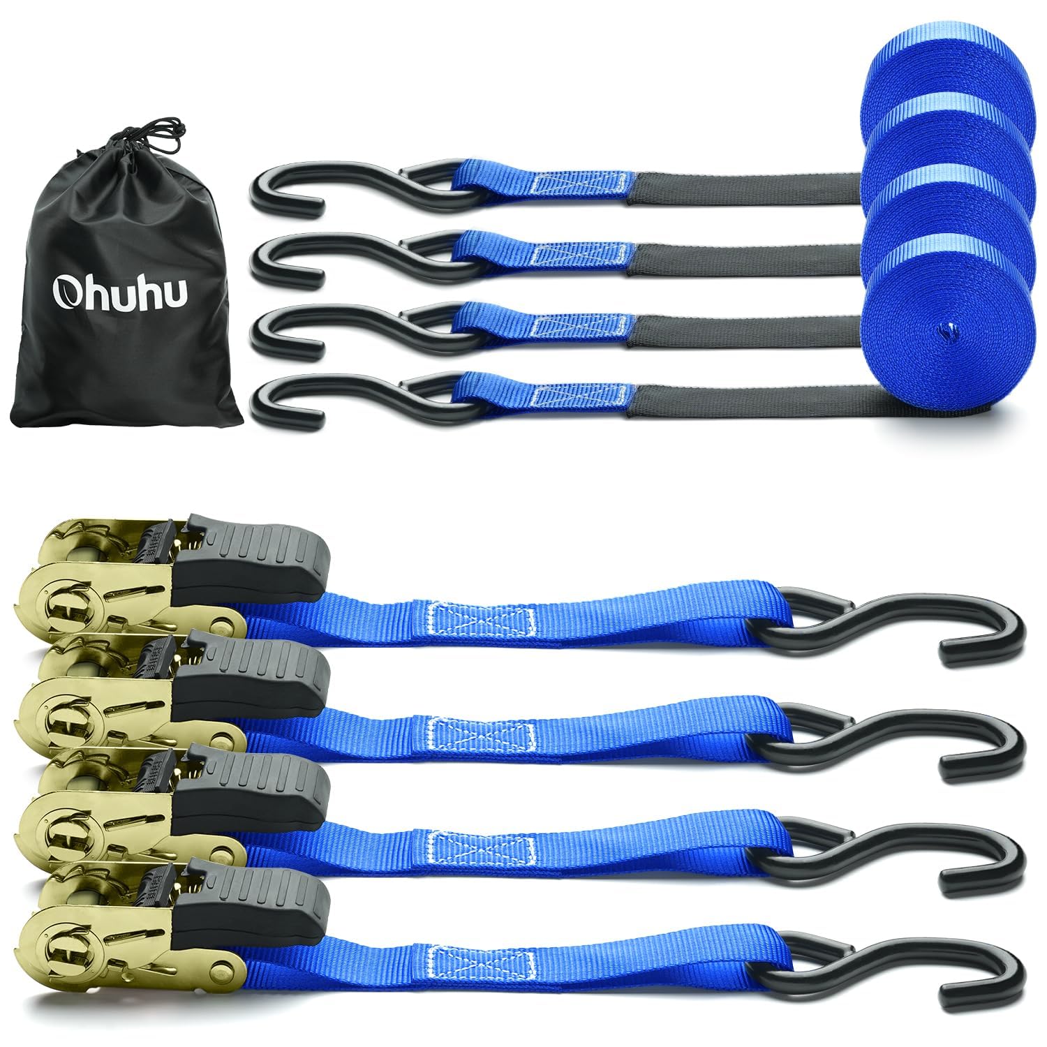 Ohuhu 4-Pack Heavy Duty Ratchet Straps - 500 lbs Capacity, 1500 lbs Break Strength - Secure Motorcycle, Appliances & Cargo - Blue Tie Down Straps for Moving, Trucking & Logistics