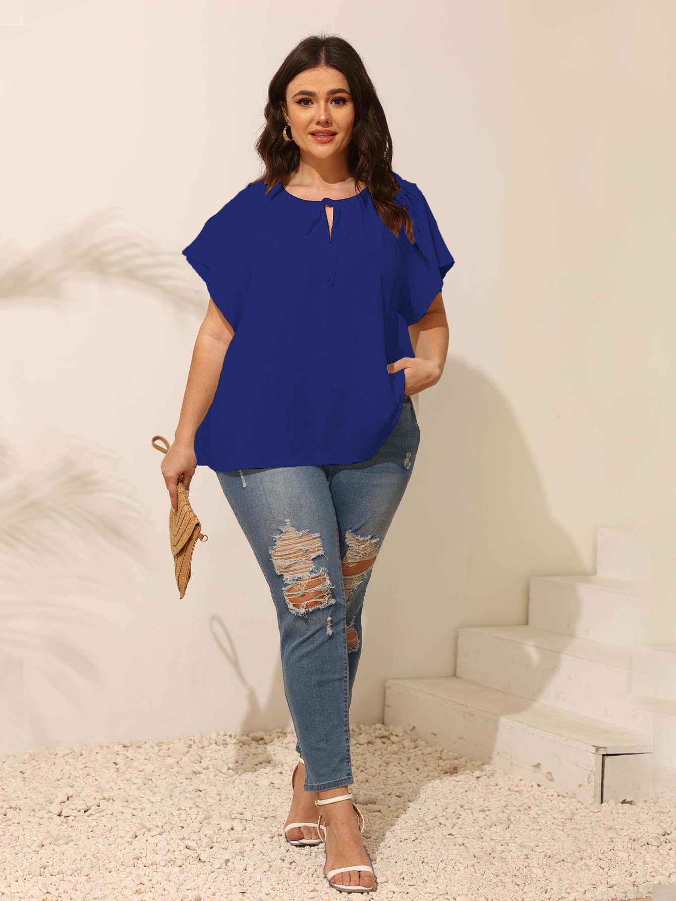 Plus Size V Neck Short Sleeve Blouses for Women - Loose Flowy Summer Tops with Drawstring - Casual Comfort Shirts for Work, Vacation & Everyday Wear