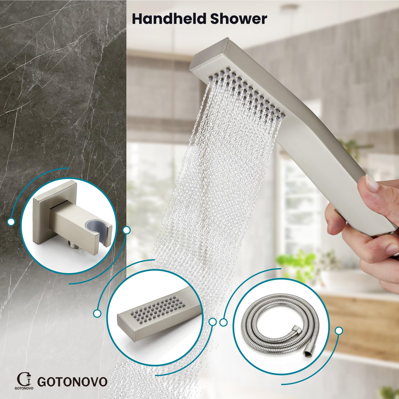 Gotonovo 3-Function Wall Mounted Shower System Set with Rainfall Shower Head, Handheld Spray & Tub Spout - 10 Inch Brushed Nickel Shower Faucet Combo & Rough-in Valve Trim Kit for Bathroom Remodel & Spa-Like Experience