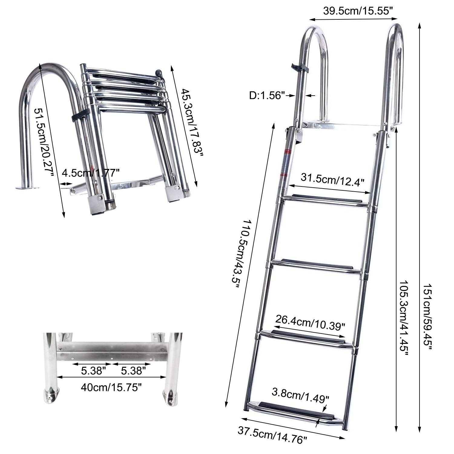 **Amarine Made 4-Step Folding Stainless Steel Pontoon Boat Ladder – Telescoping Dock Ladder with Wide Steps, Pedal Hand Rail & Retaining Strap (400lb Capacity) – Perfect for Swimming, Boarding & Water Sports**