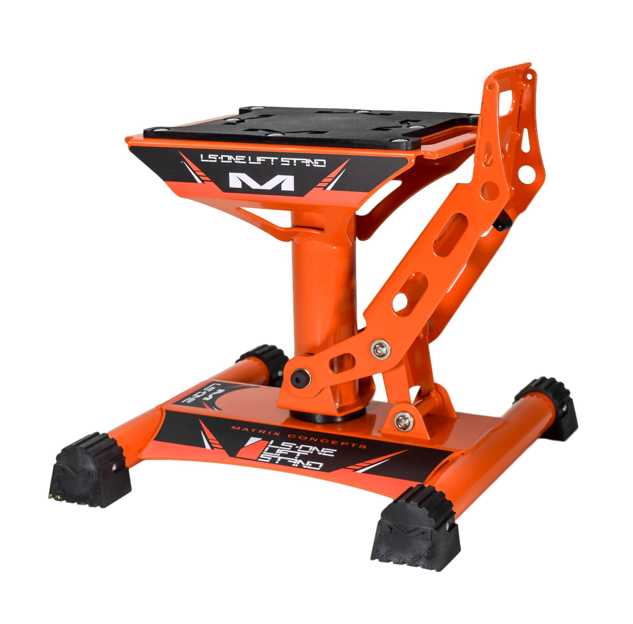 Matrix Concepts LS1 Dirt Bike Lift Stand - Heavy Duty Carbon Steel Construction, 500 lbs Weight Capacity for Motorcycles & Mini Bikes - Includes Sticker Pack (Orange) - Perfect for Garage Maintenance & Off-Road Bike Storage