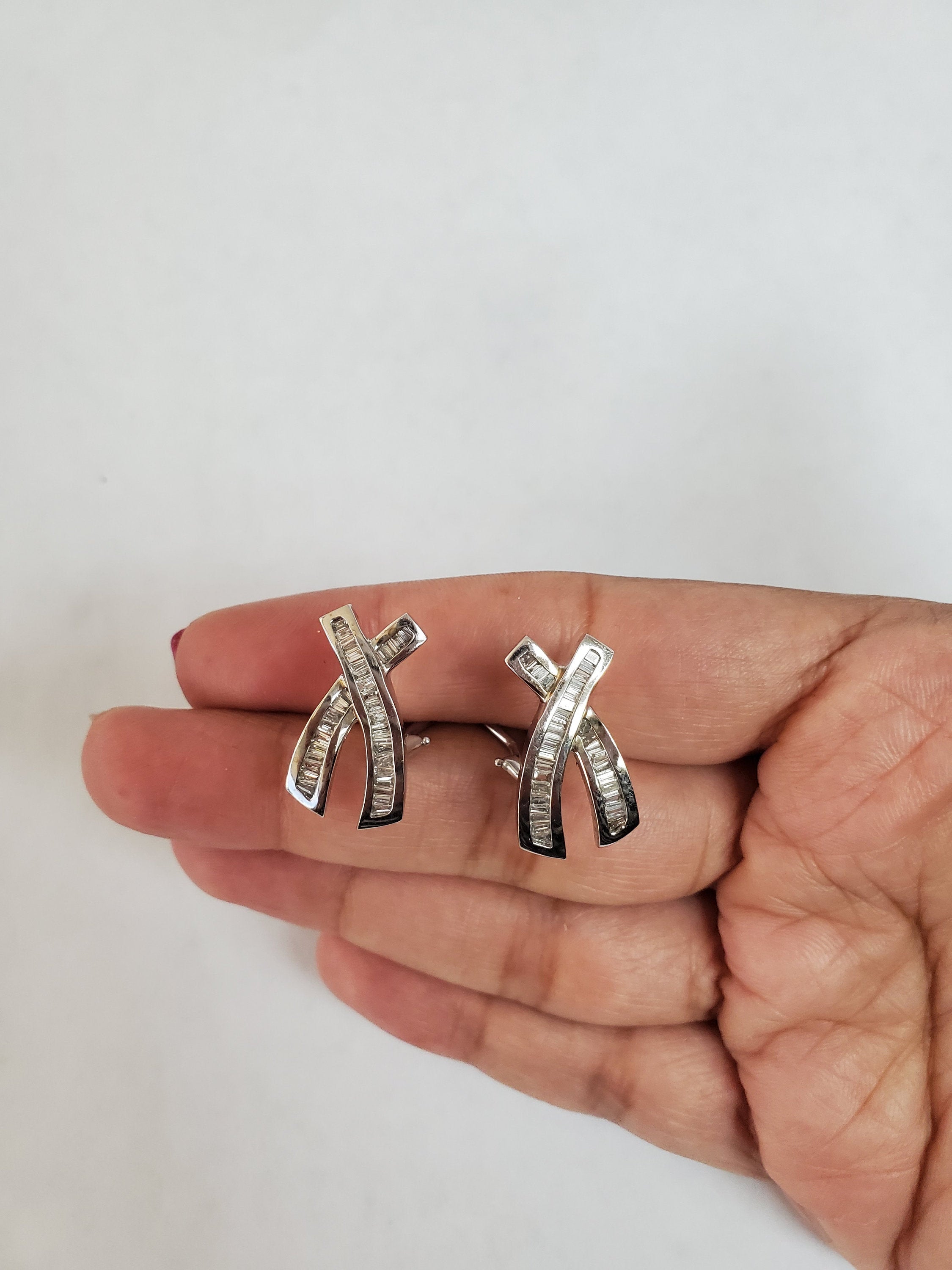 1.10cttw Baguette Diamond X Earrings in 14k White Gold - Elegant & Timeless Jewelry for Weddings, Parties & Special Occasions