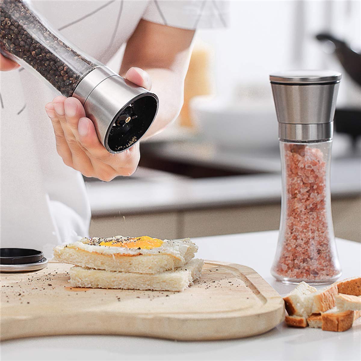Premium Stainless Steel Salt and Pepper Grinder Set - Adjustable Ceramic Mill with 6oz Glass Body & Brushed Finish - Ideal for Kitchen, Dining Table, and Gourmet Cooking Gifts