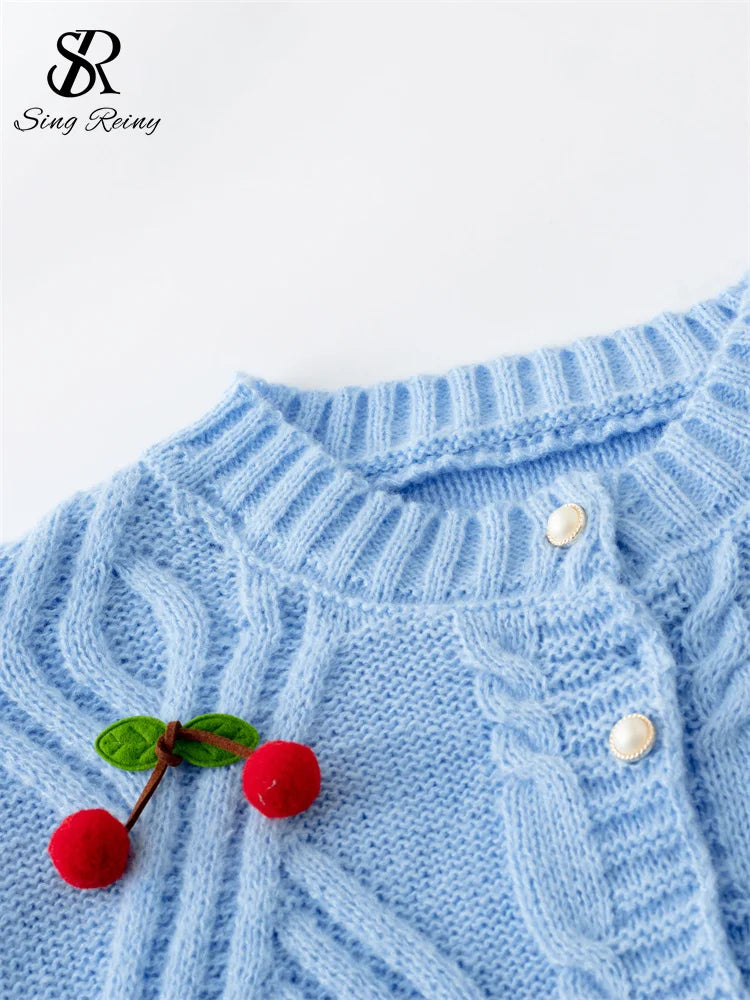 3D Cherry Print O-Neck Long Sleeve Pearl Button Knit Sweater for Women - Cozy Winter Pullover for Casual Wear & Office Outfits