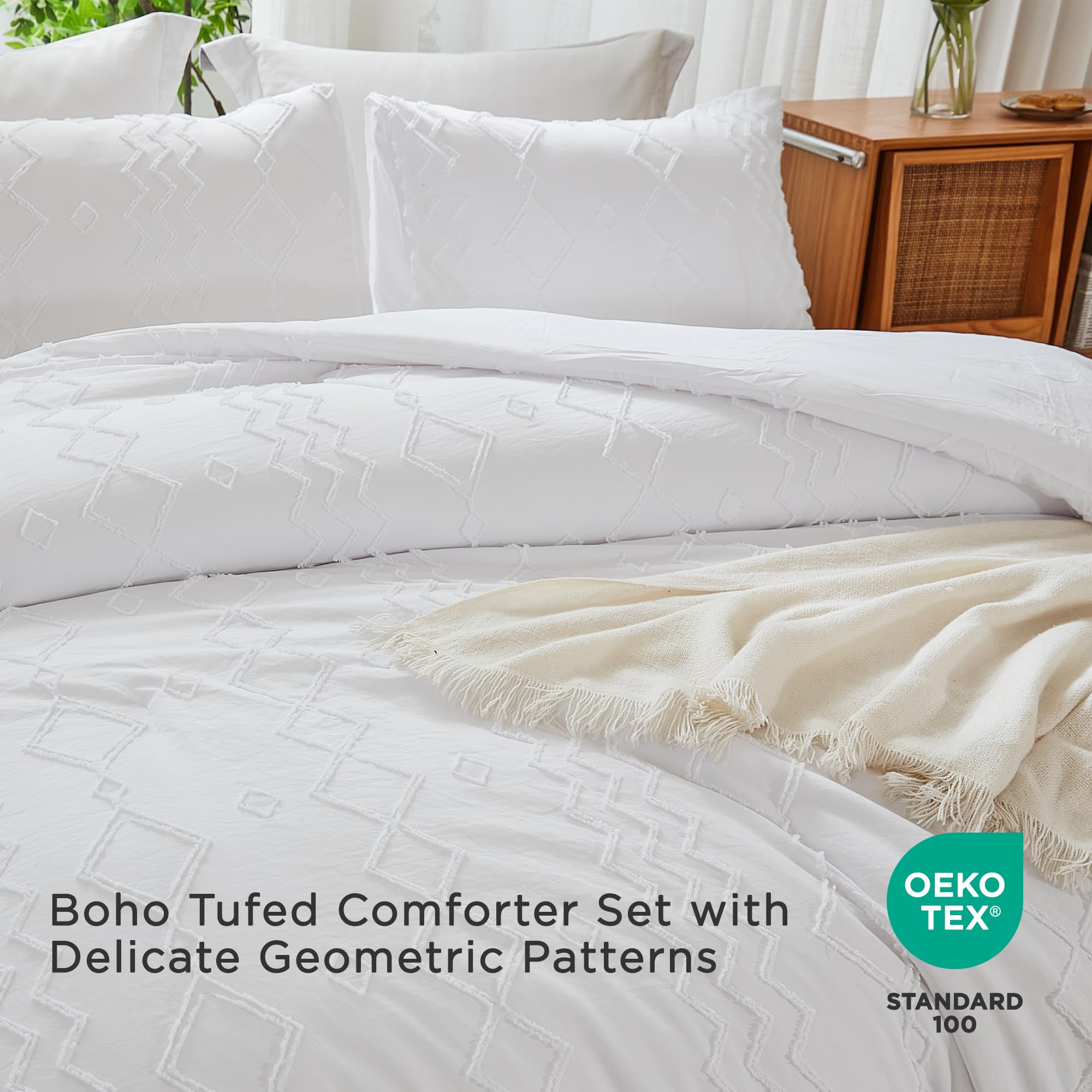 Luxury Andency White Tufted Comforter Set King Size (104x90 Inches) - 3 Piece Boho Farmhouse Bedding with Geometric Design | Soft Microfiber Down Alternative Duvet Cover & Pillowcases | Perfect for Master Bedroom, Guest Room & Cozy Farmhouse Decor