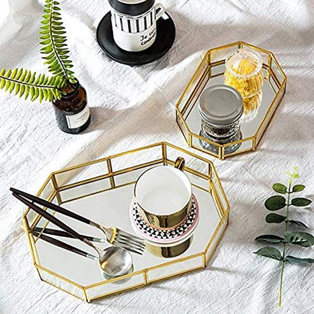 Decorative Gold Leaf Metal Mirror Vanity Tray - 12.4x8.5x2 Inch Jewelry Organizer & Dresser Catchall - Elegant Polygon Design for Jewelry Display, Makeup Storage & Home Decor - Perfect for Bedroom, Bathroom & Entryway Organization