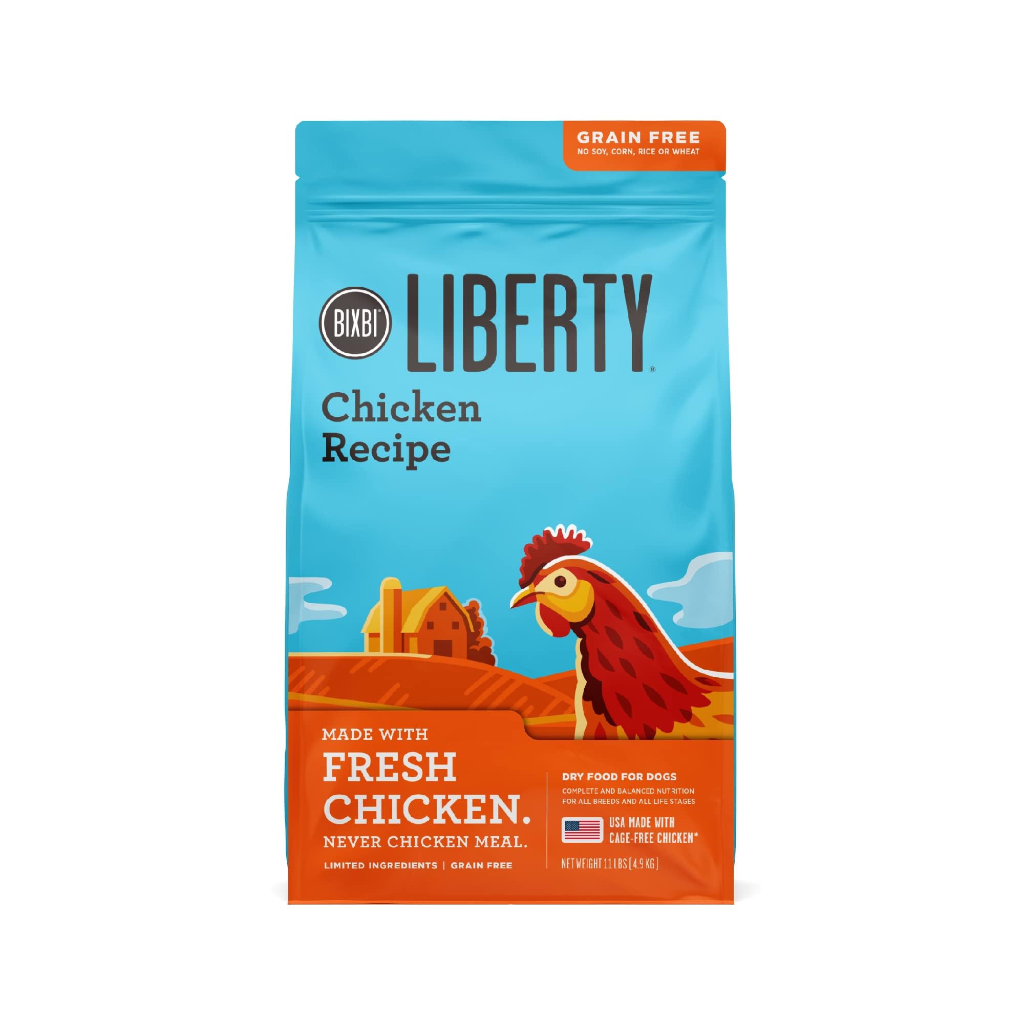 BIXBI Liberty Grain Free Dry Dog Food - Chicken Recipe, 11 lbs | Fresh Meat, No Fillers, No Soy, Corn, Rice or Wheat | Gently Steamed & Cooked for Easy Digestion | Made in USA | Perfect for Sensitive Stomachs & Active Dogs