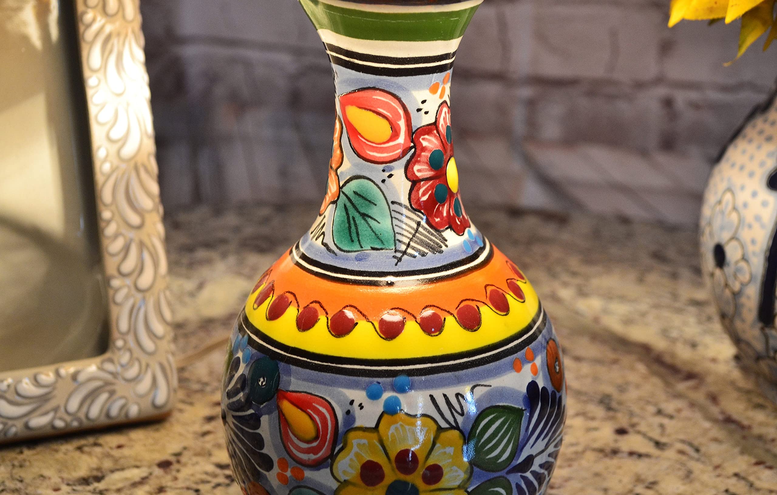 Handmade Talavera Ceramic Bedside Lamp - Mexican Style Table Lamp with Pitcher Design, Decorative Vase Lamp for Home & Office (CM256) | Perfect for Bedroom Nightstand, Living Room Accent, or Office Decor