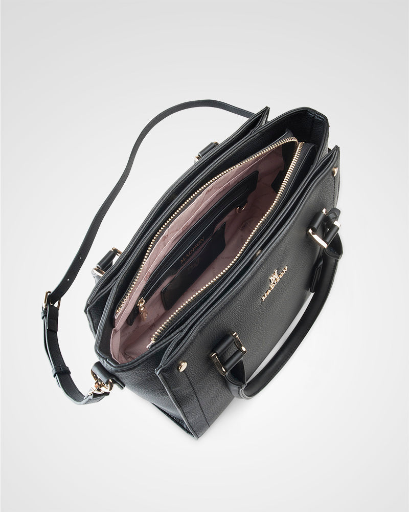 Angie Medium 3 Compartment Satchel Bag with Metallic Stripe Strap - Stylish Crossbody Purse for Women, Work, Travel & Everyday Use
