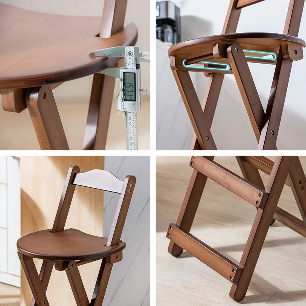 Solid Wood Folding Bar Stools with Backrest & Footrest - Counter Height Kitchen Stools for Breakfast Nook, Dining Room & Home Bar - Brown Wooden Stools for Compact Spaces