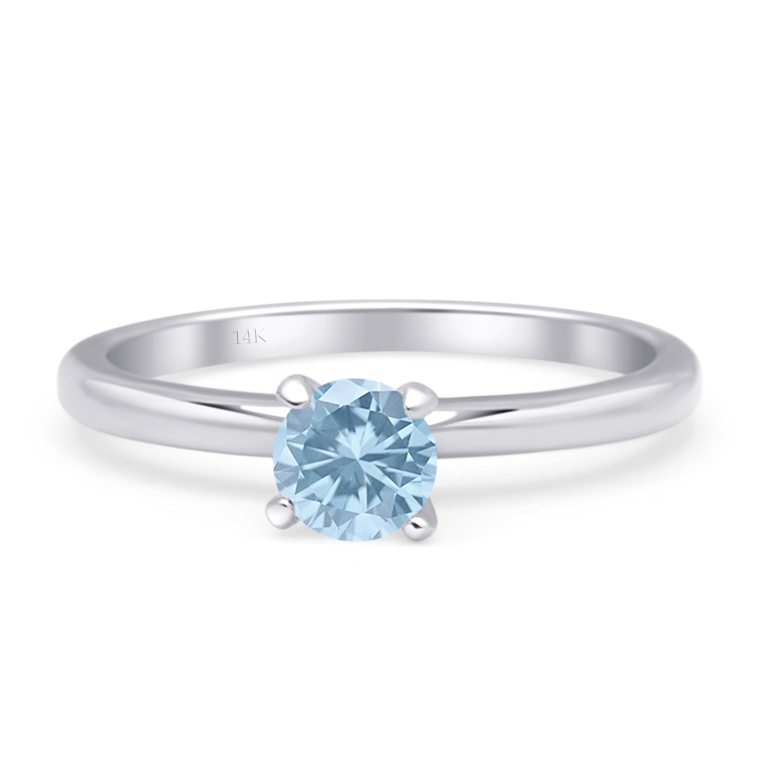 14K White Gold Minimalist Round Aquamarine CZ Solitaire Ring - Elegant Dainty Jewelry for Women, Perfect for Engagement, Wedding, Anniversary & Everyday Wear