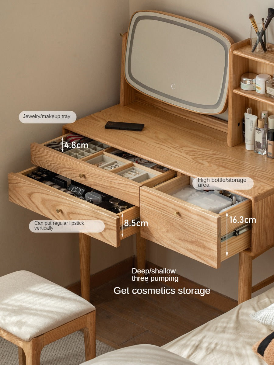 Solid Oak & Ash Wood Dressing Table with LED Lighted Makeup Mirror - Perfect for Bedroom Vanity, Makeup Application & Home Decor