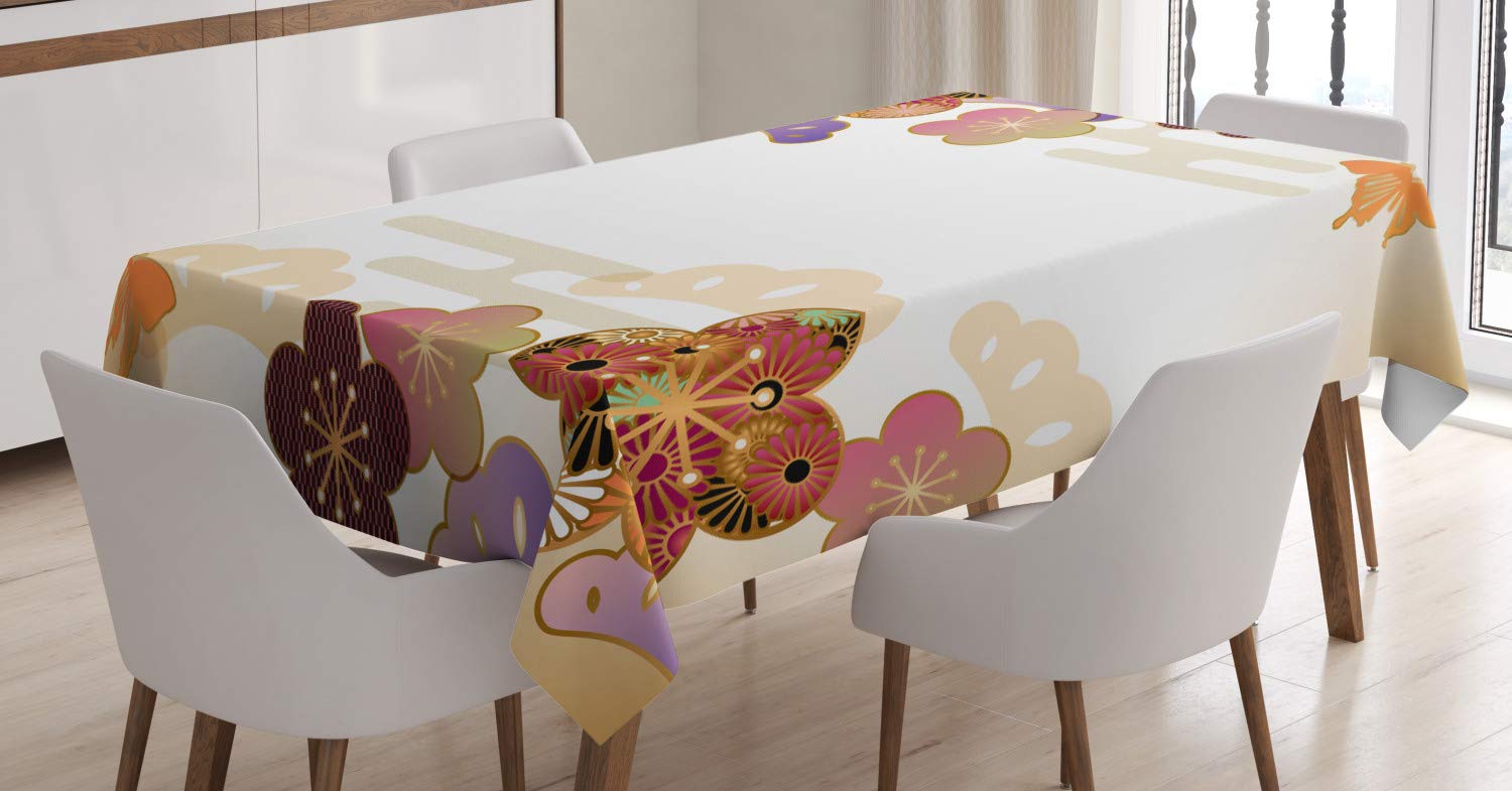 Ambesonne Japanese Floral Tablecloth - Colorful Bunch of Flowers Oriental Spring Design, 52