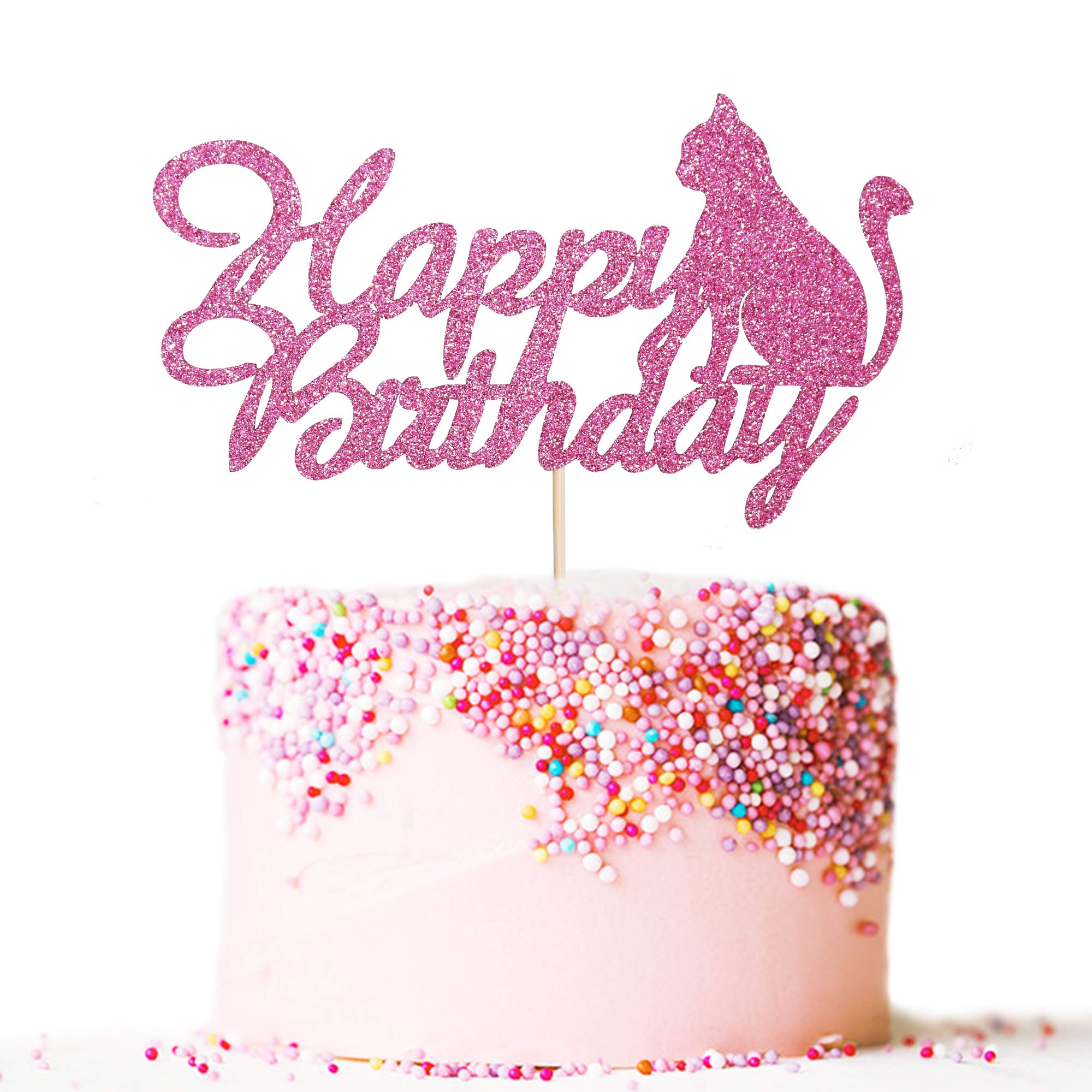 Artczlay Pink Glitter Cat Cake Topper - Happy Birthday Party Decoration for Cat Lovers | Perfect for Birthday Cakes, Cupcakes & Dessert Tables