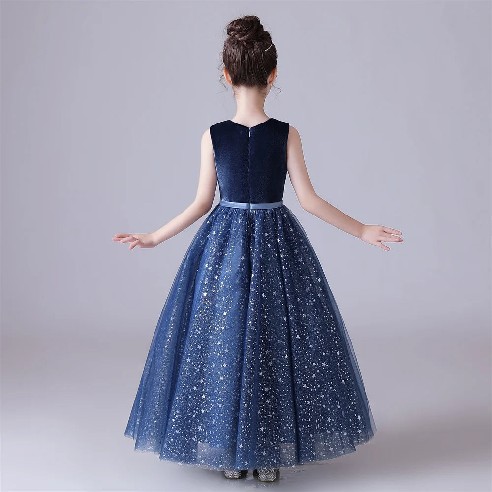 Navy Blue Shiny Tulle Flower Girl Dress - Sleeveless Formal Princess Gown for Kids Birthday Party, Wedding, Pageant & Special Occasions