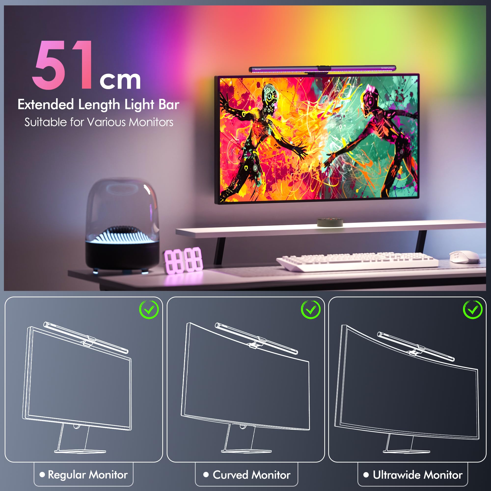 Quntis 51cm USB Computer Monitor Light Bar with Remote Control - 88+32 LED RGB Gaming Desk Lamp, 15 Color Adjustable Ambient Lighting for PC Screen | Perfect for Gaming Setup, Home Office & Nighttime Computer Use
