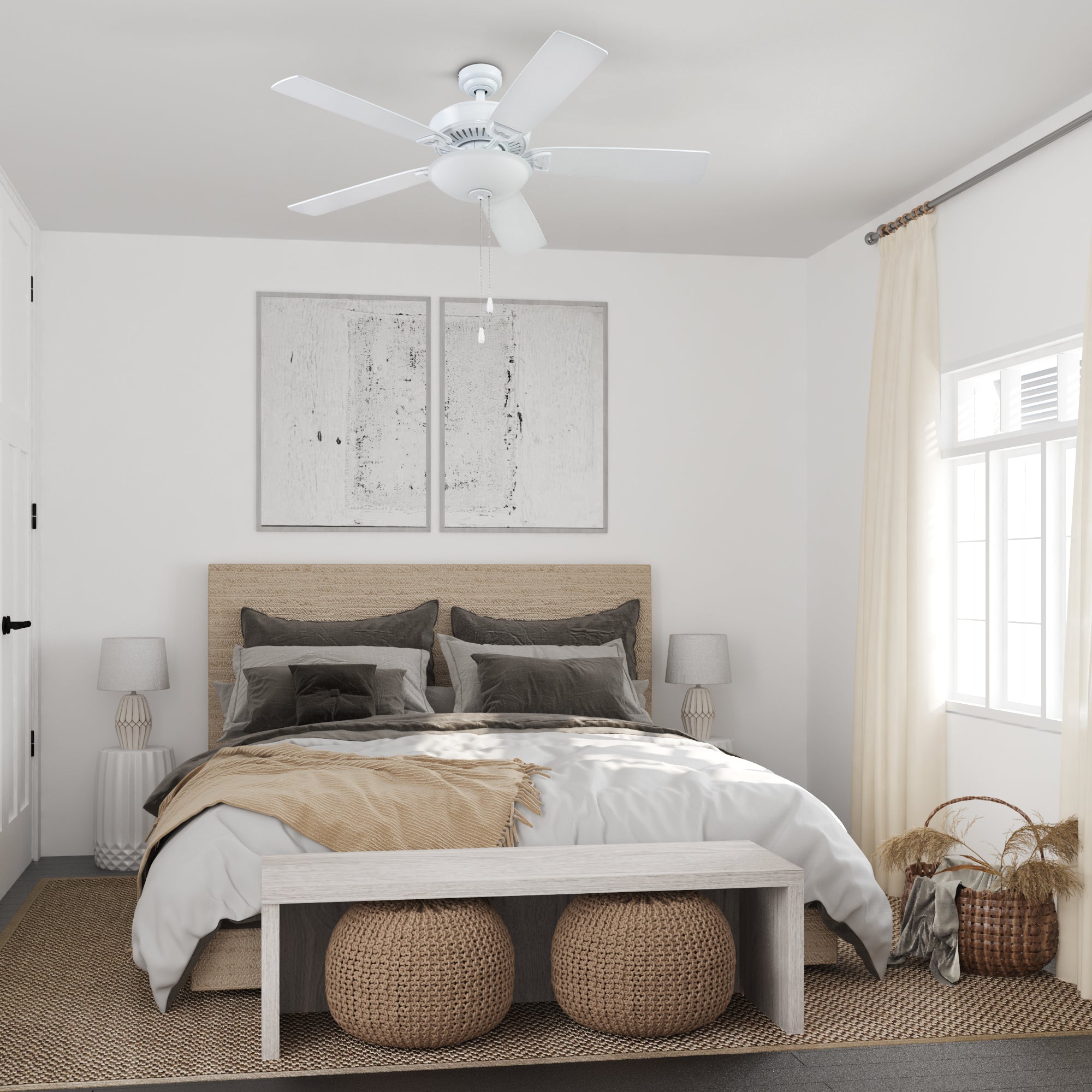 52 Inch White Montlake Ceiling Fan with Pull Chain - Perfect for Living Room, Bedroom, and Outdoor Patio Cooling