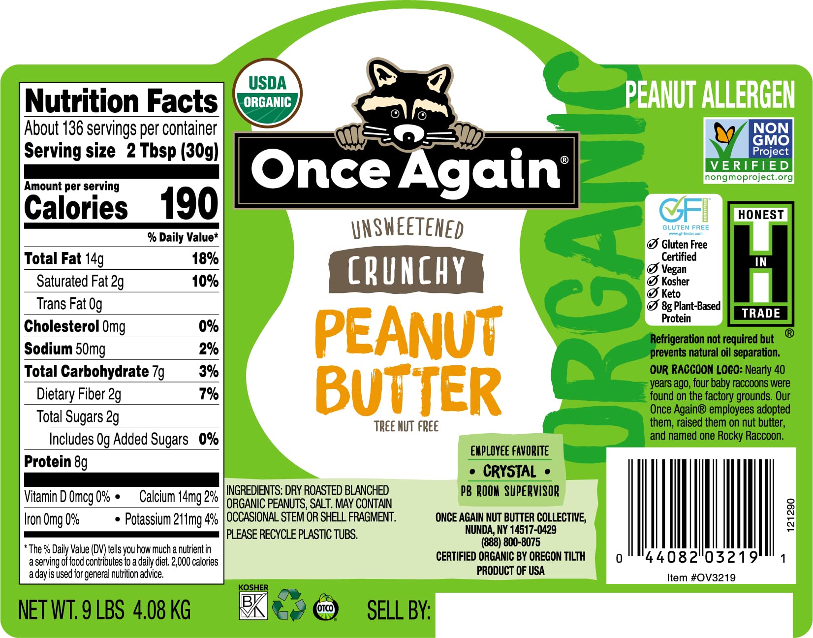 Once Again Organic Crunchy Peanut Butter, 9lb Bulk Bucket (Equivalent to 9 Jars) - Lightly Salted, Unsweetened, USDA Organic, Gluten Free, Vegan & Kosher Certified - Perfect for Smoothies, Baking & Healthy Snacks