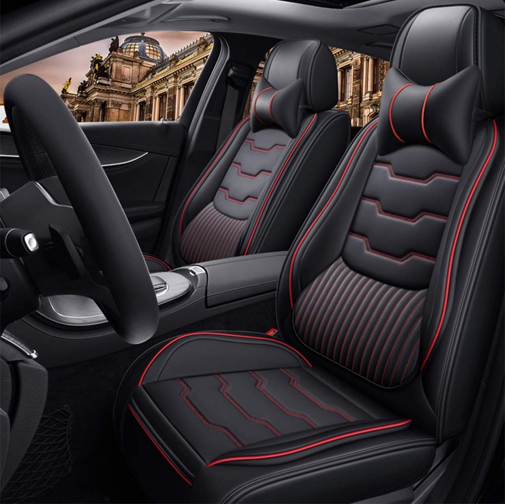 Premium Universal Fit Car Seat Covers - Genuine Leather Auto Seat Protectors Full Set (Front & Back) with Steering Wheel Cover & Headrest - Black/Red - Perfect for SUVs, Sedans & Trucks - Enhances Comfort & Protects Interior