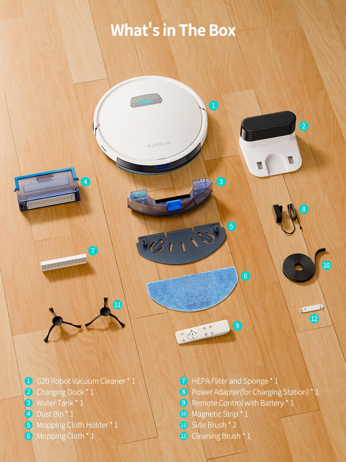 HONITURE G20 Robot Vacuum and Mop Combo with 4000Pa Strong Suction - Self-Charging, 150Min Runtime, App/Remote/Voice Control, Ultra-Slim Design - Perfect for Pet Hair, Hard Floors & Carpets - Smart Cleaning for Homes with Pets & Allergies