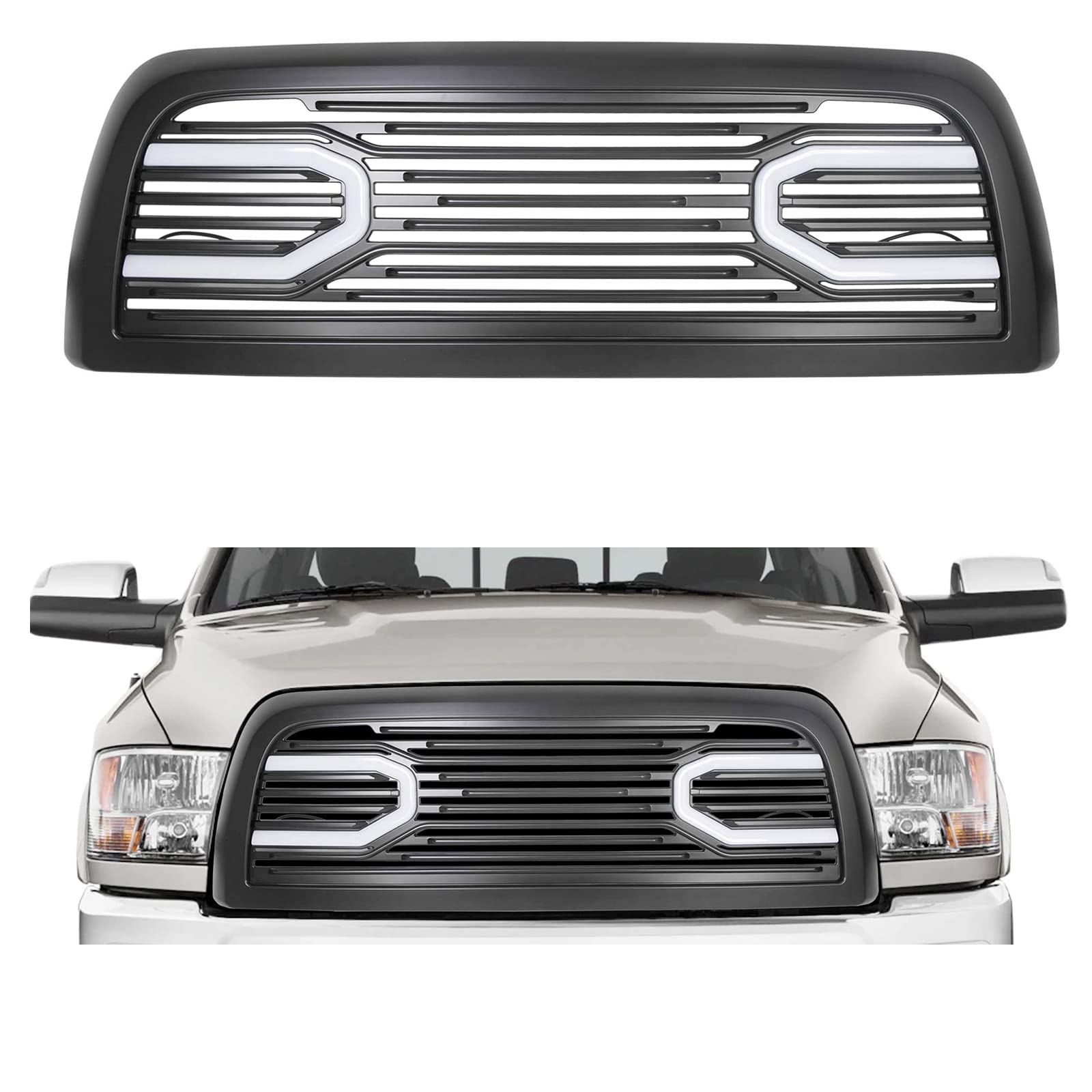 KUAFU Front Hood Bumper Grille with LED Lights - Replacement Shell Compatible with 2010-2018 Dodge Ram 2500/3500/4500 Big Horn - Horizontal Style ABS Bumper Grill for Off-Road & Truck Customization